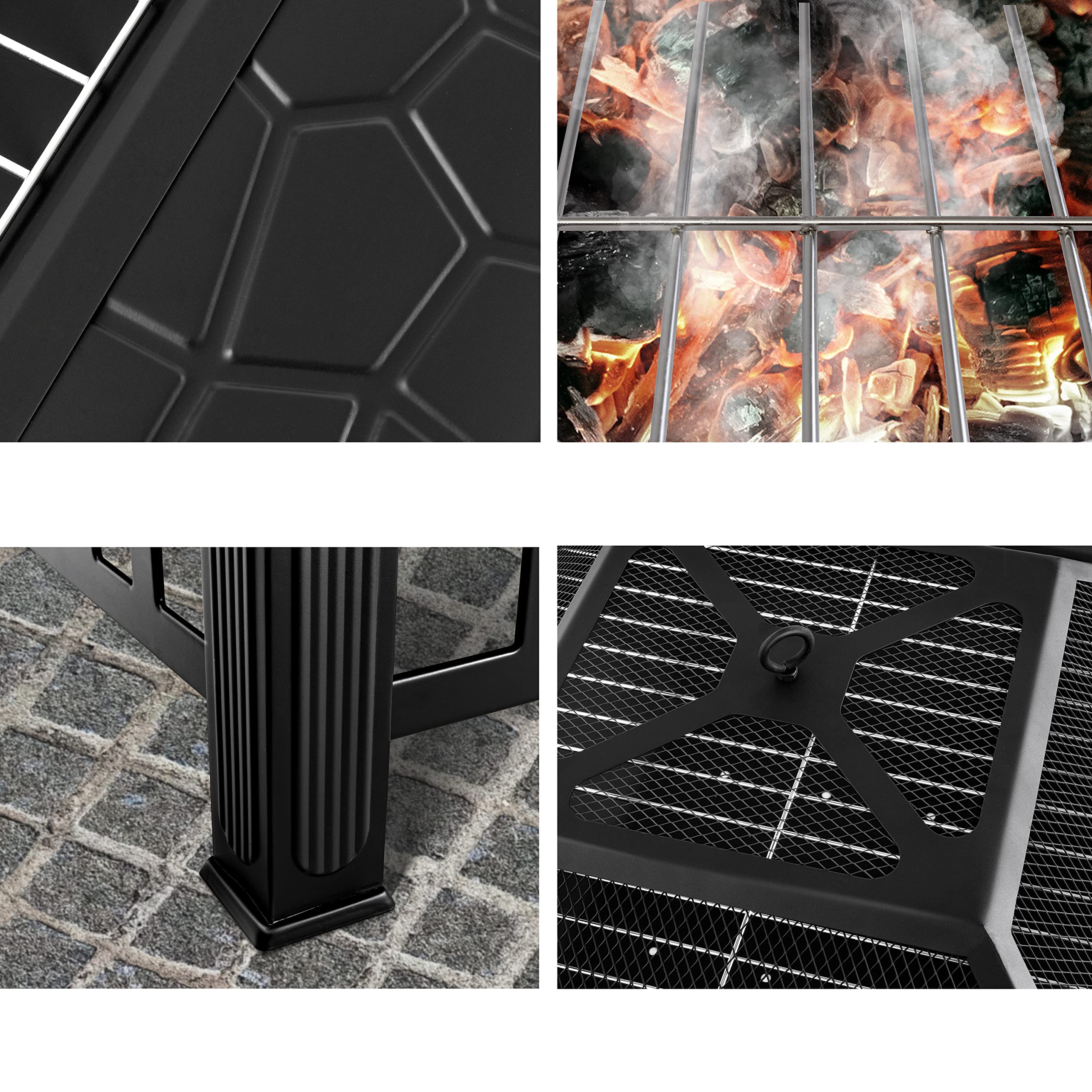 KESSER® Pozo de Fuego con Rejilla de Parrilla de Ø 62, Pozo de Fuego Multifuncional para calefacción/Parrilla de Barbacoa, Gancho y carbón, Cuenco de Fuego para terraza de jardín, Negro (Cuadrado)
