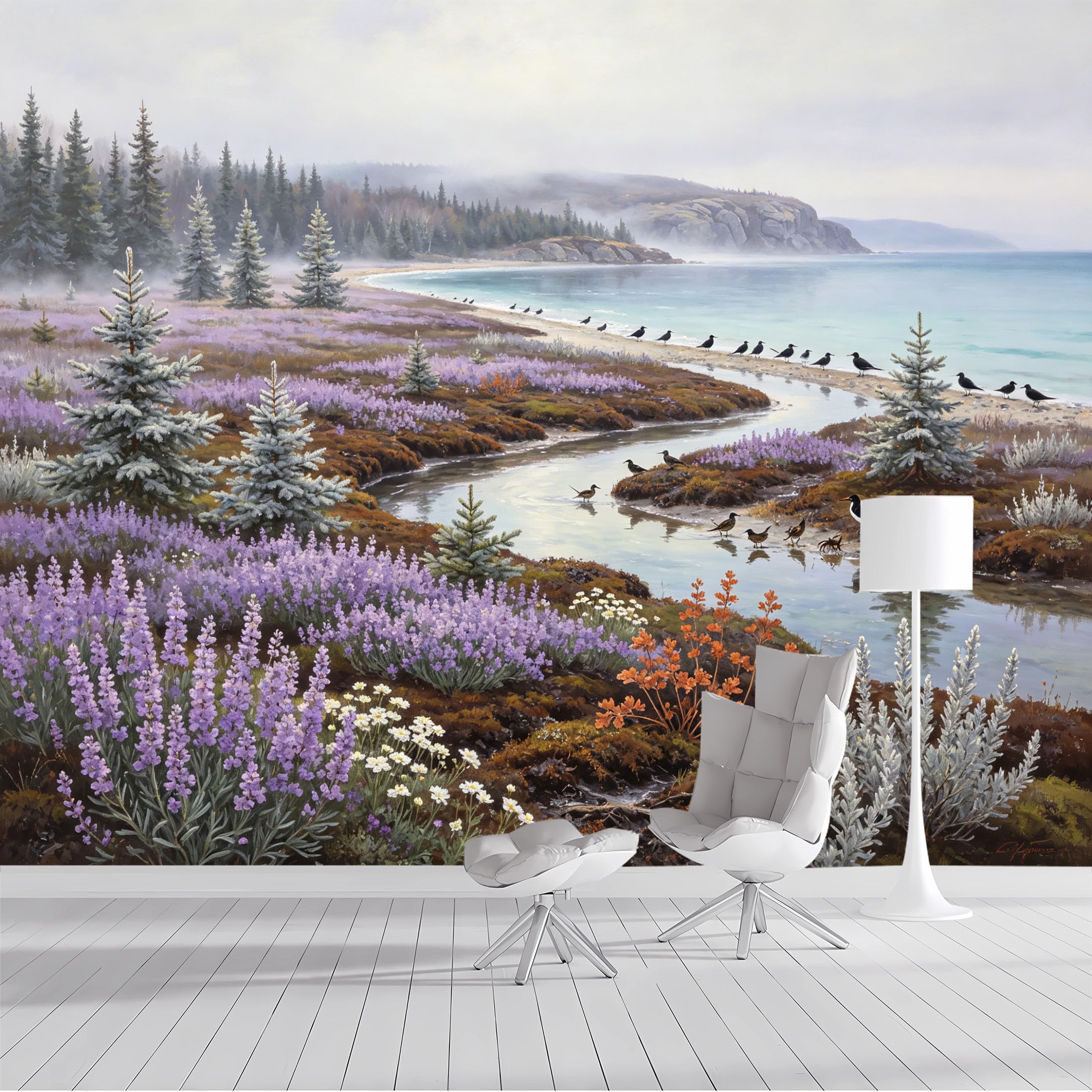 Custom Size Wall Mural Coastal Landscape Lavender Field Birds & Ocean Scenic Oil Painting SelfAdhesive Wall Fabric Removable Peel and Stick Wallpaper for Living Room Bedroom Bathroom