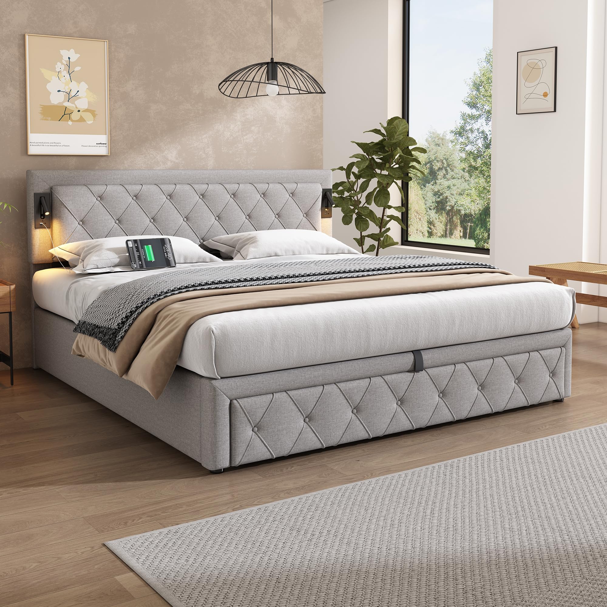 Aoskem Polsterbett 180x200 cm Doppelbett mit Stauraum, Kopfteil mit Leselicht & USB-Ladestation, Stauraumbett Bettgestell mit Lattenrost, Jugendbett Rückenlehne Flachbett, Ohne Matratze, Leinen Grau