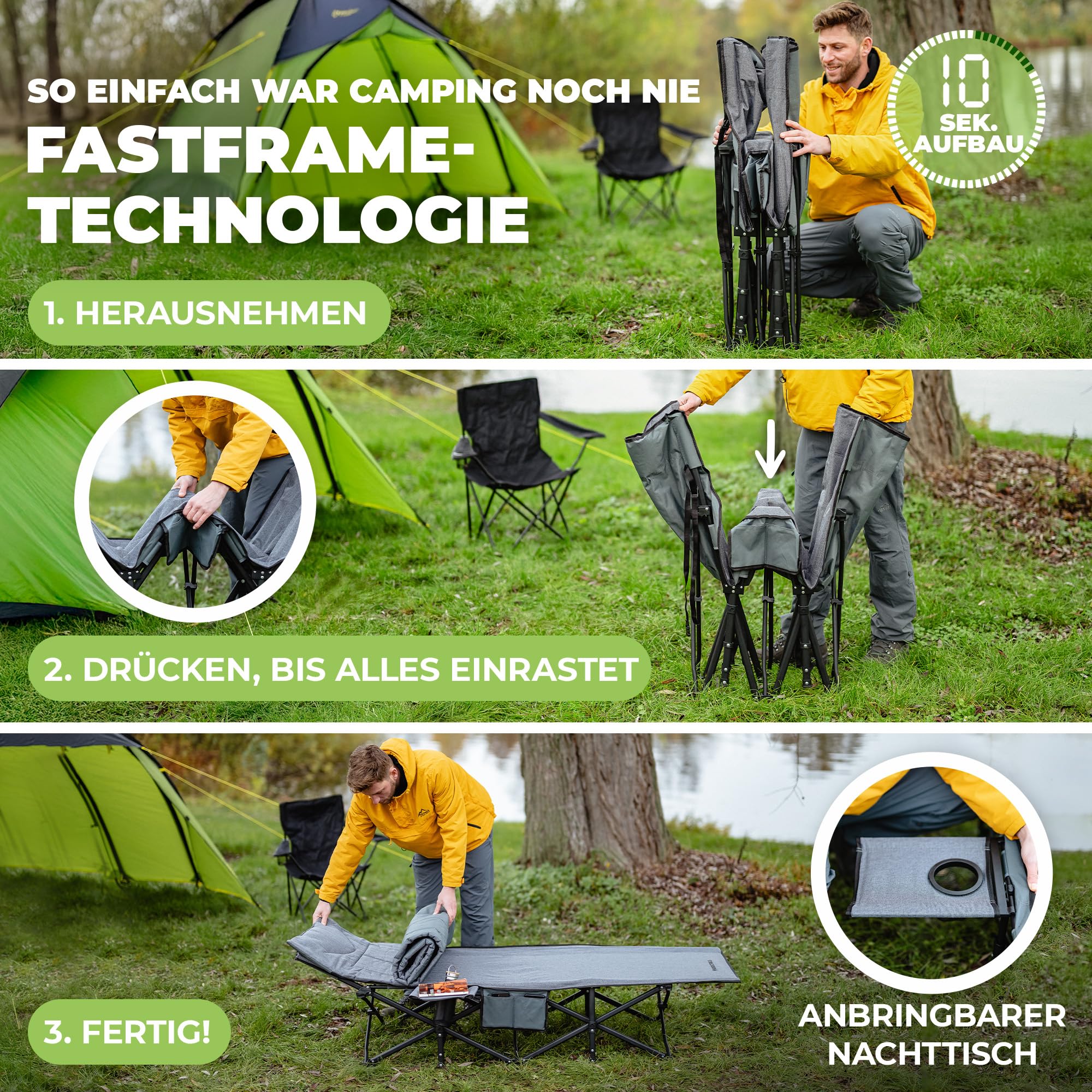 𝐍𝐎𝐑𝐃𝐈𝐂𝐓𝐑𝐀𝐈𝐋𝐒 Feldbett klappbar [Campingbett] XXL Campingliege | Faltbar, leicht & breit für Outdoor | Gästebett klappbar, Liege, Klappbett, Angelliege, Camping Karpfenliege | Mit Auflage