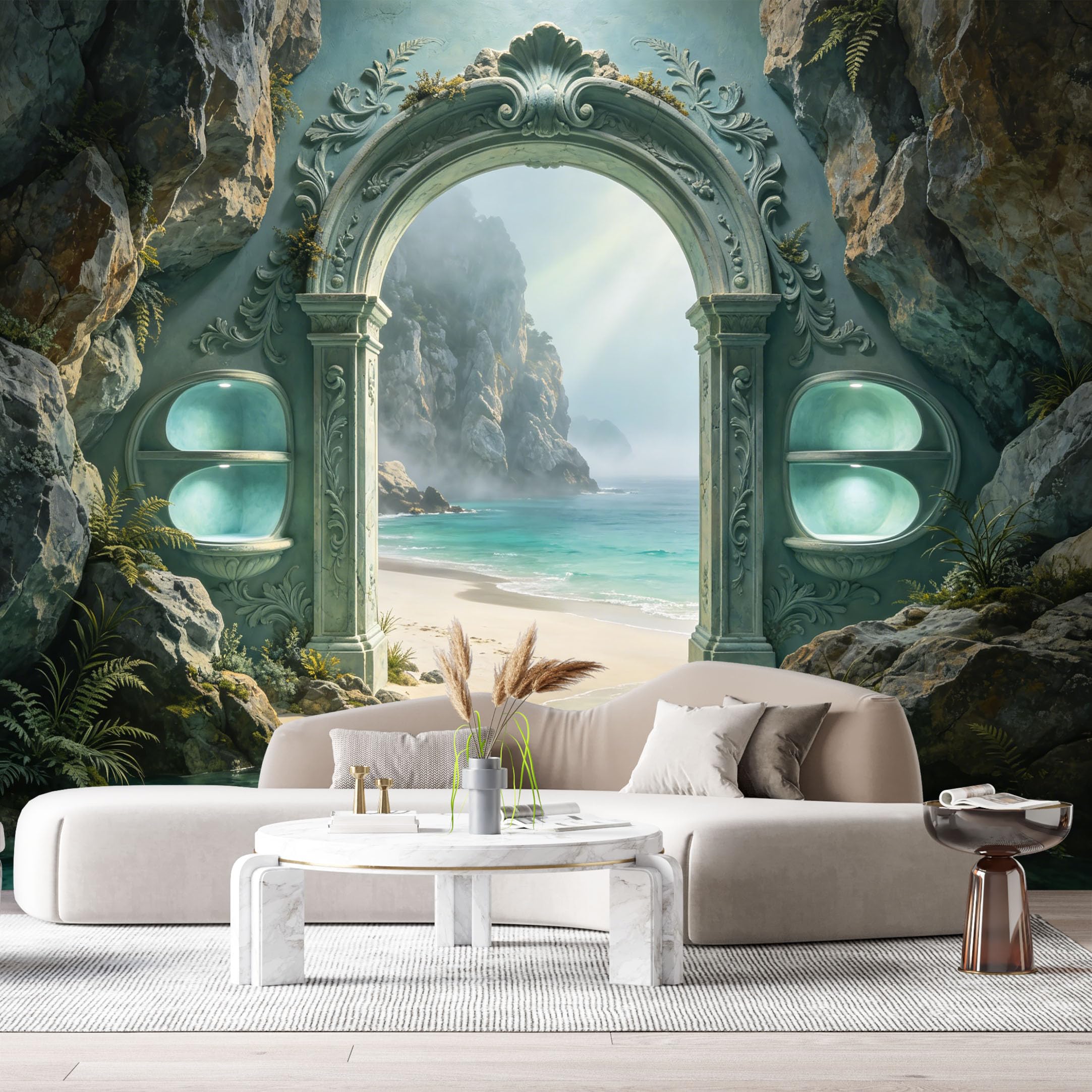 Custom Size Wall Murals Coastal Ocean Stone Archway 3D Trompe L'Oeil SelfAdhesiveWall Fabric Removable Wallpaper Wall Decor for Living Room Bedroom Bathroom