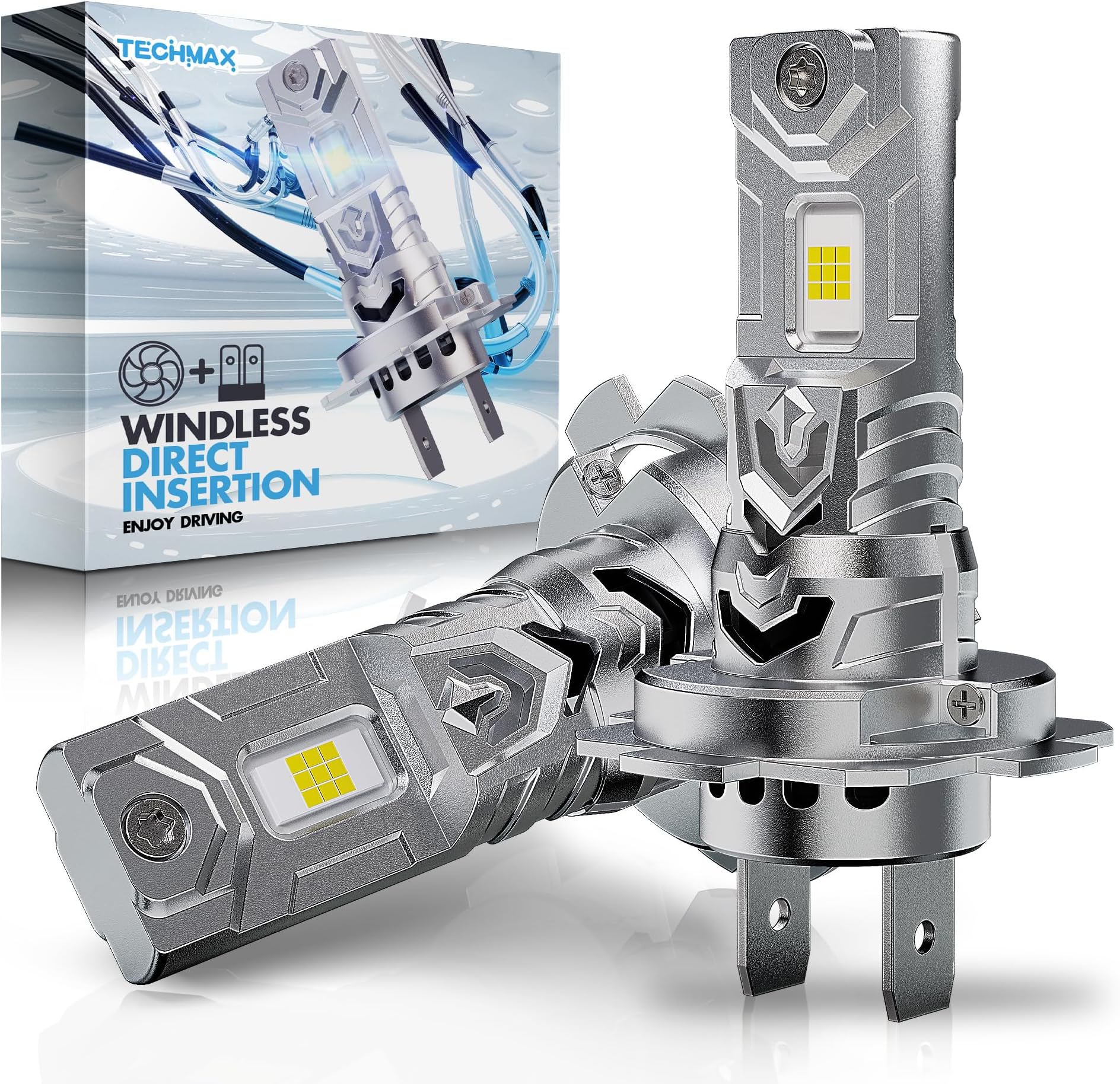 TECHMAX H7 Light Bulb, 6500K Xenon White 30000LM +600% Extremely Bright No Adapter Required 1:1 Mini Size H7 Fog Light w/Cooling Fan - Pack of 2