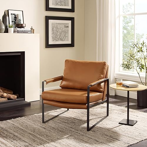 Miniatura 111 de Art Leon Juego de 2 sillas de acento de piel sintética moderna de mediados de siglo, silla de salón con patas de metal negro, color negro