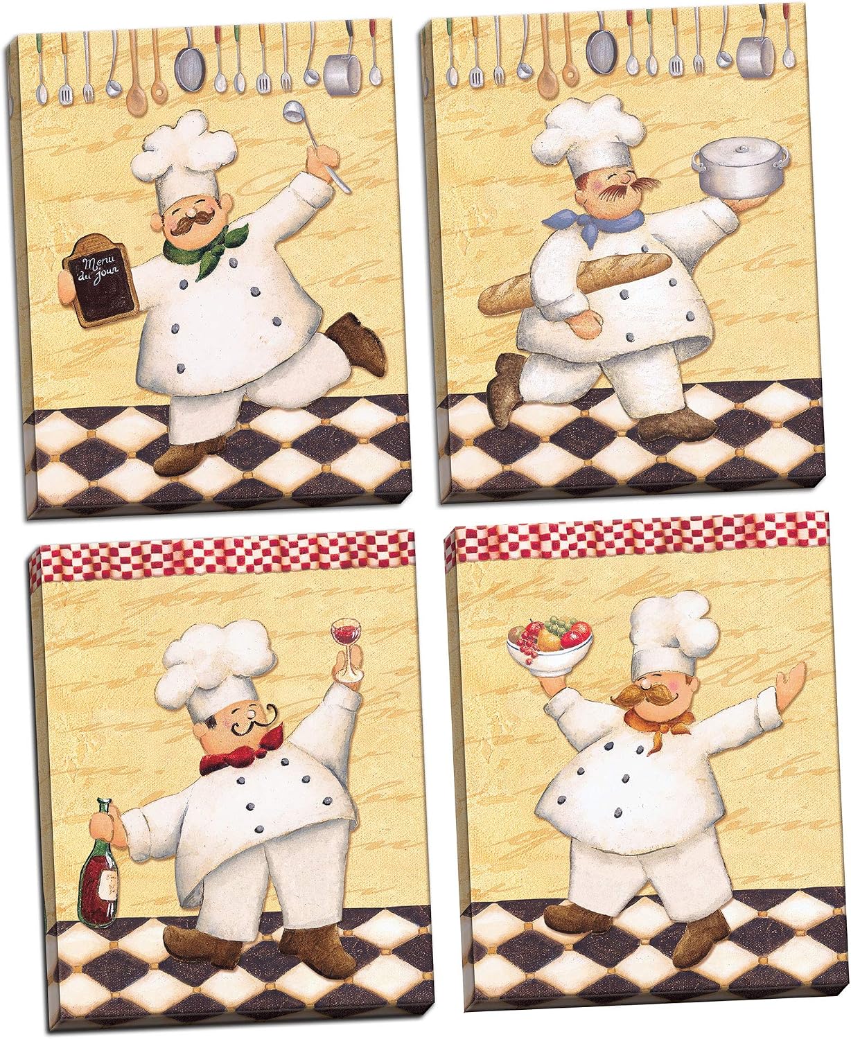 Gango Home Décor Set of 4 Happy French Chef Kitchen Prints; Four 8x10'sin Hand-Stretched Canvases, Ready to Hang!