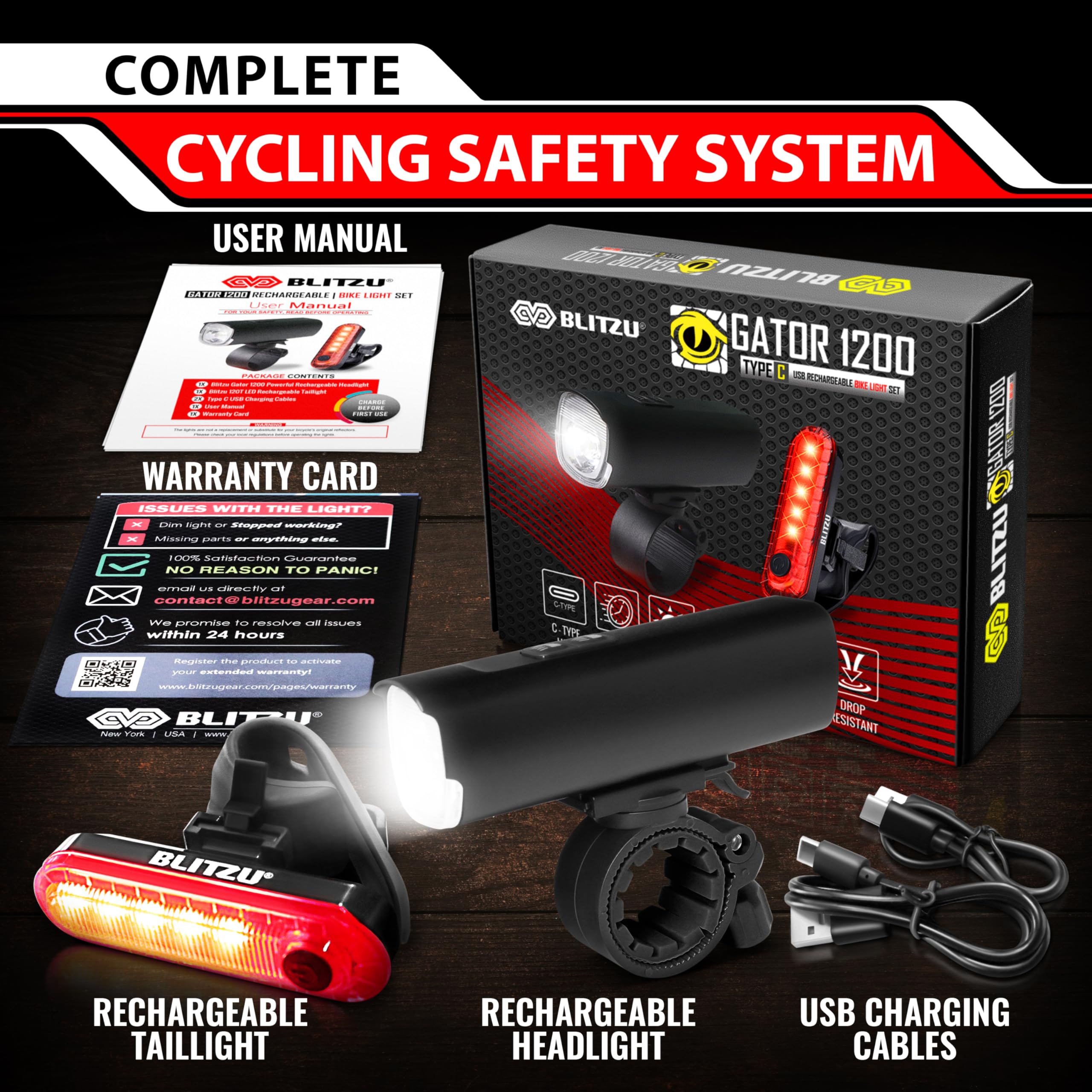 BLITZU Gator Ensemble de lumières de vélo avant et arrière rechargeables de 1200 lumens, accessoires pour vélo de nuit, feux arrière, réflecteurs super lumineux, phare de sécurité LED pour homme et