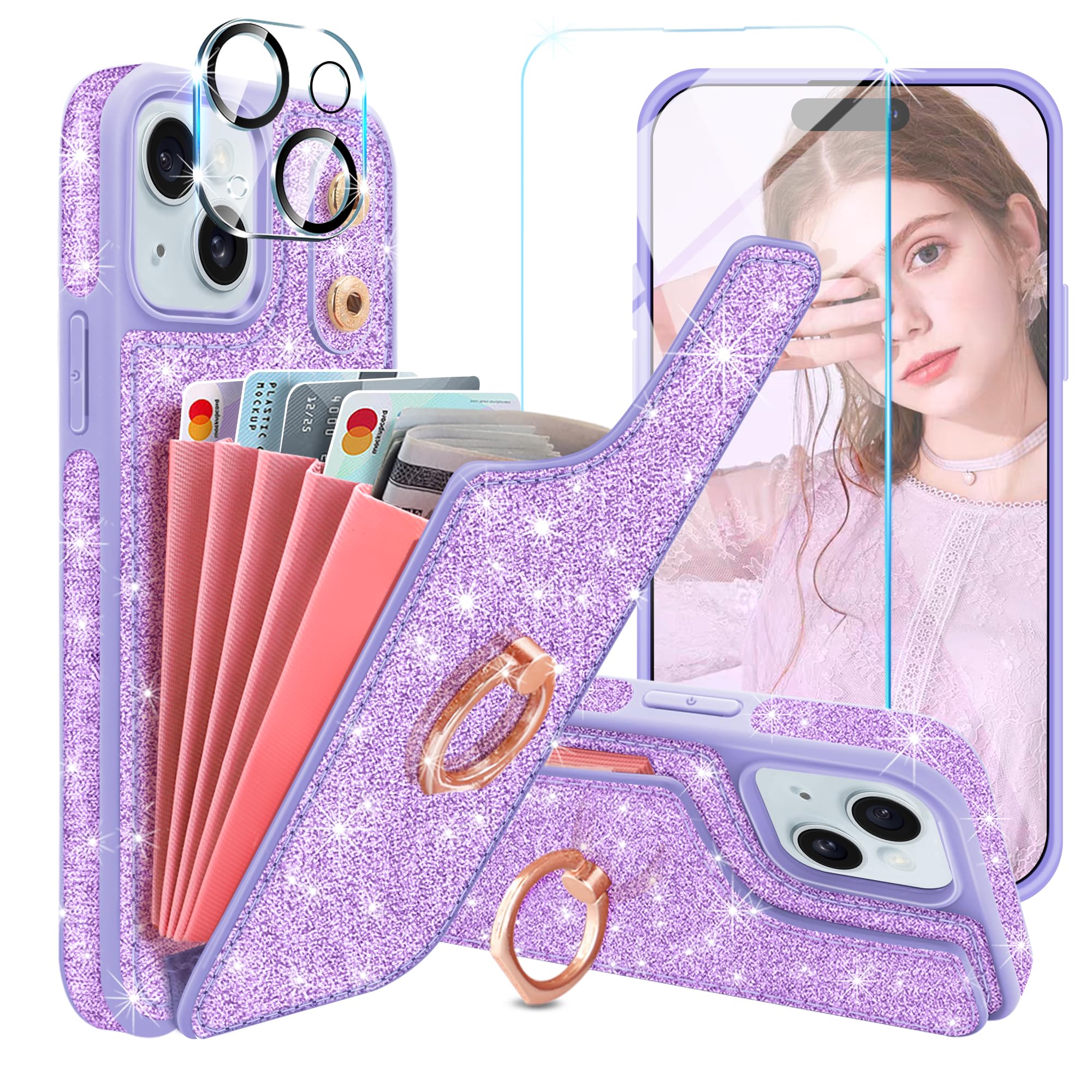 Casewind for iPhone 15 Plus Wallet Case,with [Screen Protector + Camera Lens Protector] [5 Card Holder & 360°Ring Stand] Bling Sparkle Shockproof