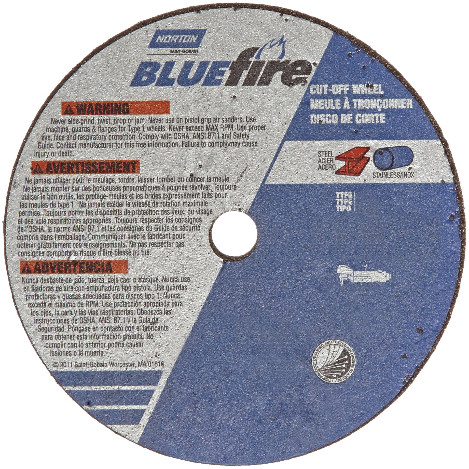 Norton Blue Fire Small Diameter Reinforced Abrasive Flat Cut-Off Wheel, Type 1, Zirconia Alumina and Aluminum Oxide, 3/8