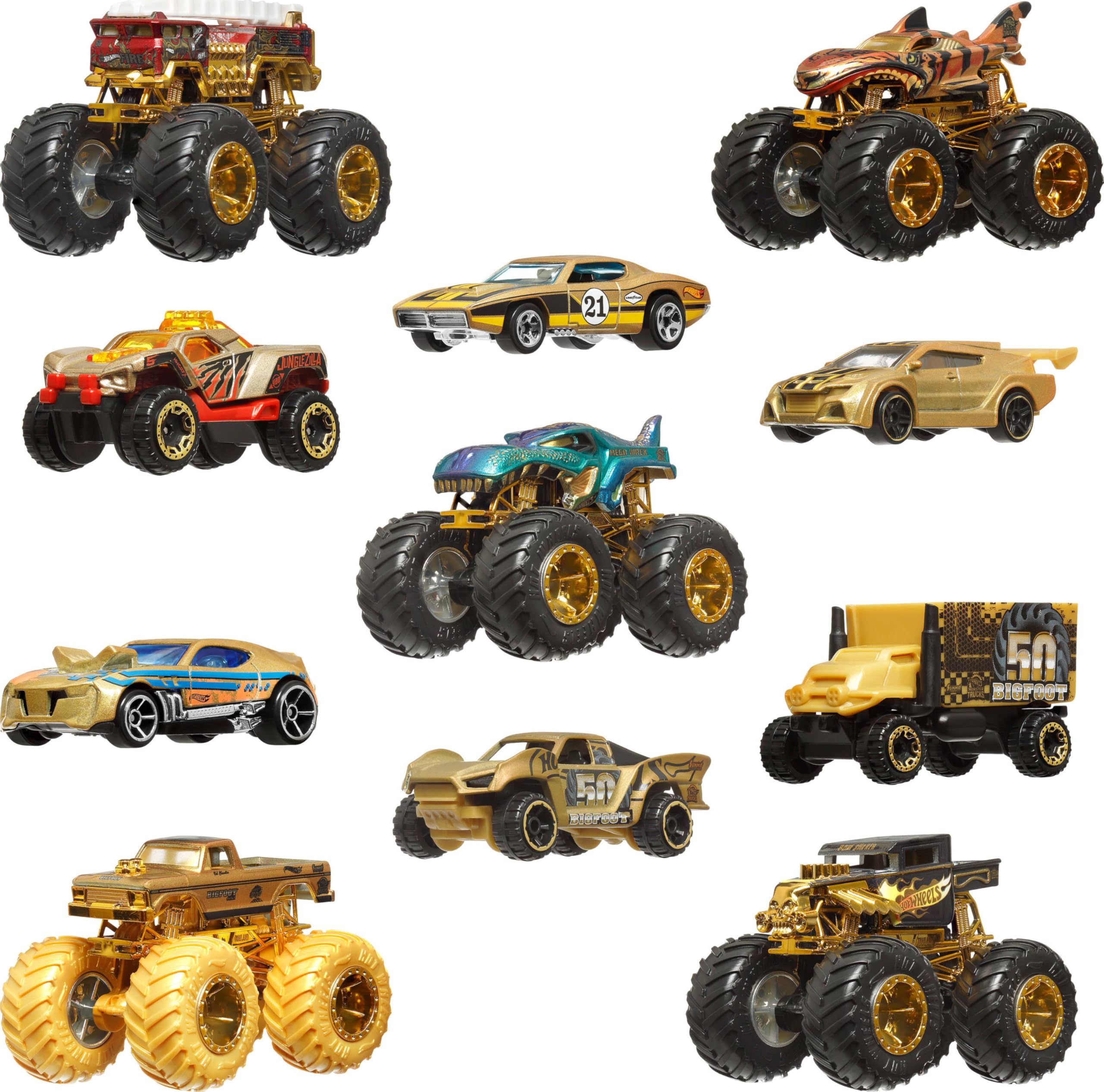 Hot Wheels Monster Trucks Campeones de trofeo Colección de coches y camiones, con vehículos metálicos: Bigfoot, 5-Alarm, Bone Shaker, Mega-Wrex y Tiger Shark, además de seis coches, JDW07 — view 2