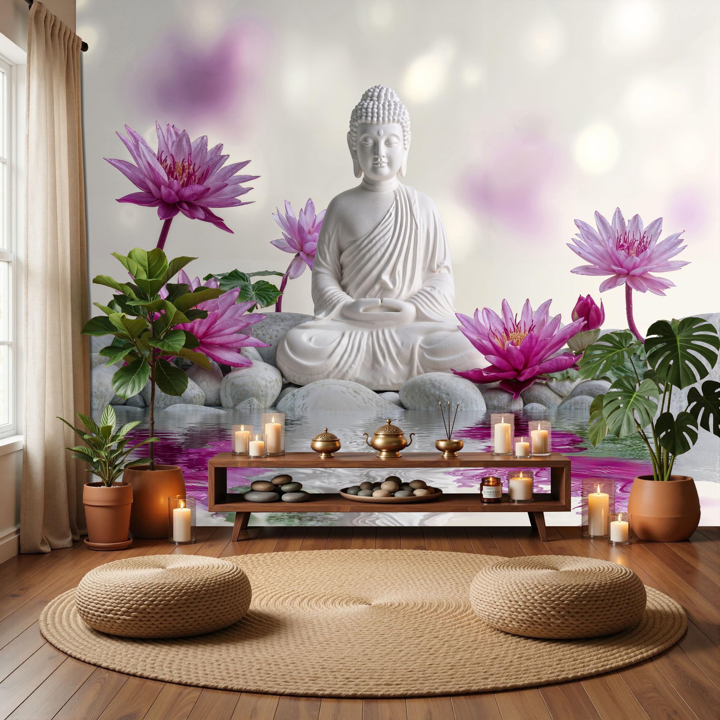 DLERFLOVR Zen Style Wall Mural, 250x175cm Photo Wallpaper Silk Premium Art Print Poster Picture Design Buddha Statue, Pebble Lotus Wall Covering for Living Room Bedroom Kitchen, White