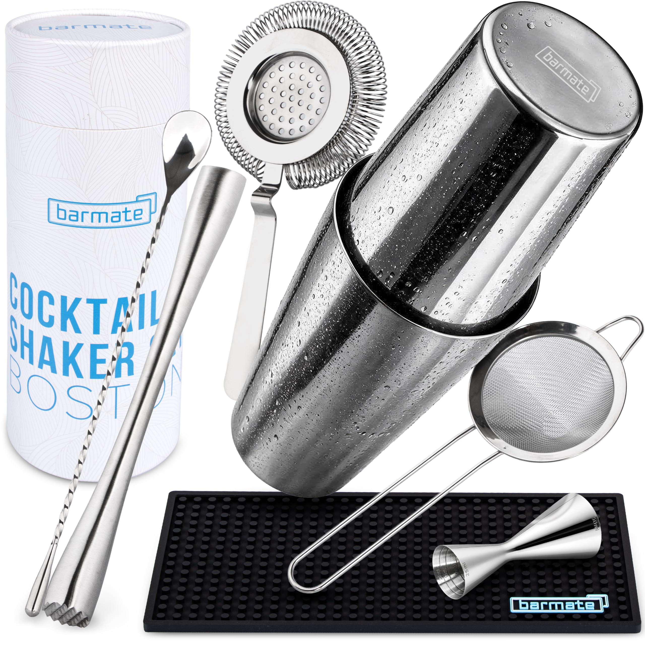 Ensemble Shaker à Cocktail barmate en Acier Inoxydable Boston, 7 pièces composé d'un Shaker, d'un Jigger, d'une cuillère de Bar, de 2 passoires, d'un Pilon et d'un Tapis de Bar