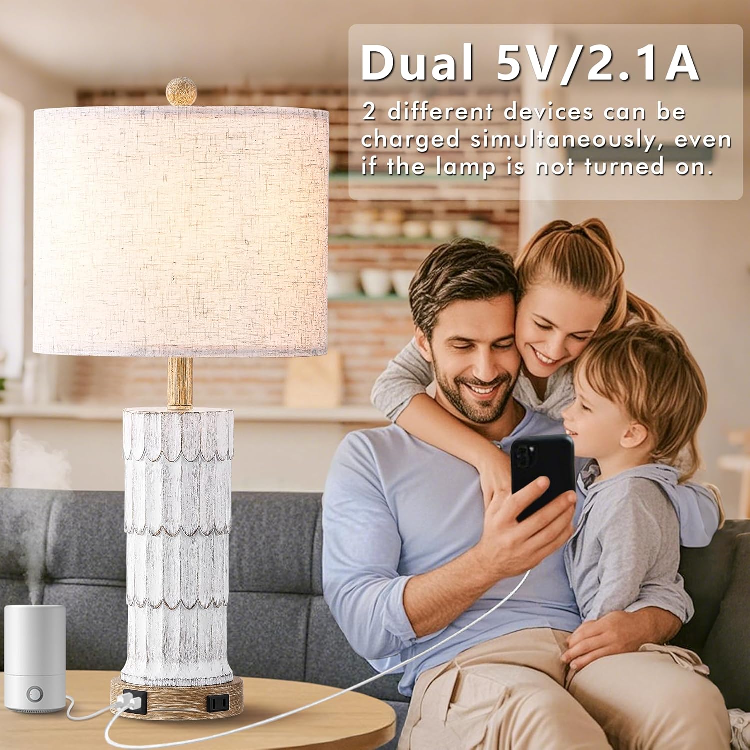 25" Grey Farmhouse Lamps for Living Room Single, 3 Way Touch Control Rustic Bedside Table Lamp with USB A+C Ports & AC Outlet, Bedroom Gray End Table Night Stand Vintage Lamps