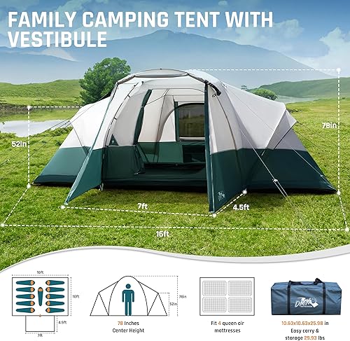 Miniatura 5 de 81011 Person Camping Tent with Porch, Large Family Tents for Camping, PU1000MM Waterproof Tent with 5 Mesh Windows, Removable Rainfly, Reflective