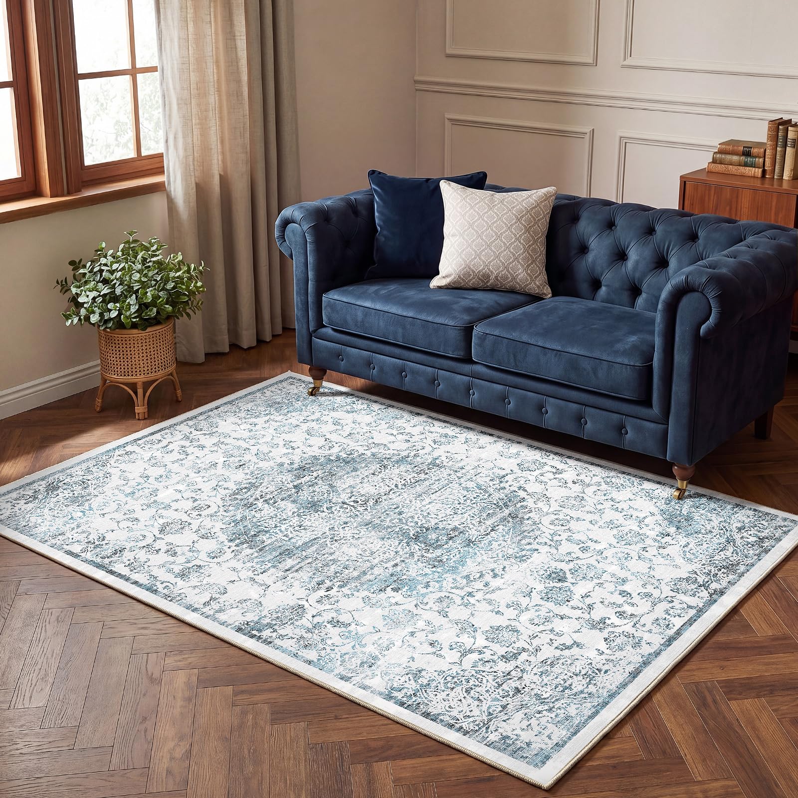 Autsel Living Room Rugs 120x160cm, Washable Rug, Non Slip Low Pile Area Rugs, Vintage Rug, Multi-use Durable Floor Carpet for Bedroom, Kitchen, Runner Rugs for Hallway, Vintage Blue