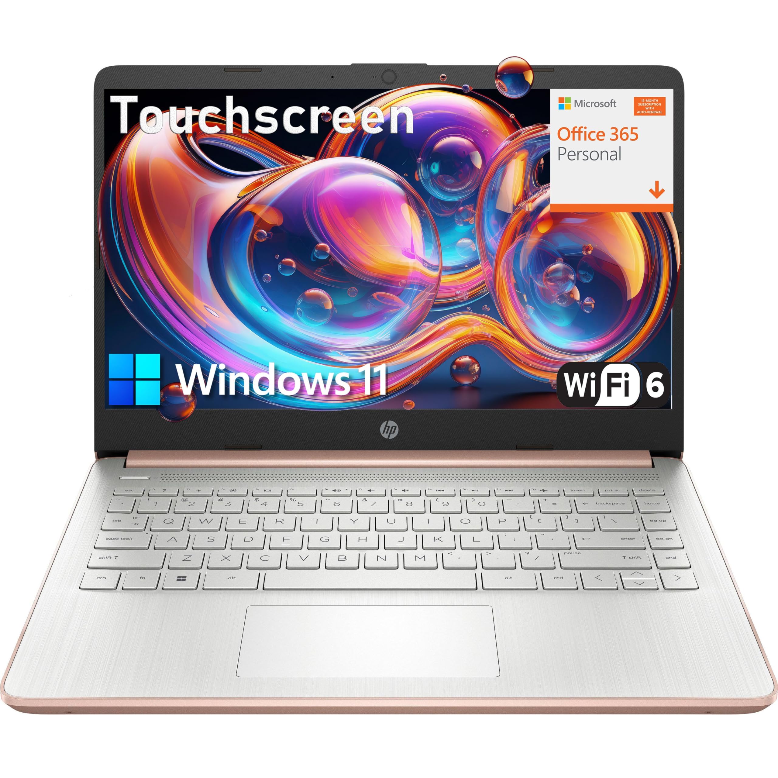 Touchscreen Laptop Computer with 1-Year Office 365, Intel High Performance CPU, 16GB RAM, 1TB Cloud & 256GB PCIe SSD Storage, 14", WiFi 6, Bluetooth 5.4, Type-C, HDMI, Pale Rose Gold, Windows 11 S
