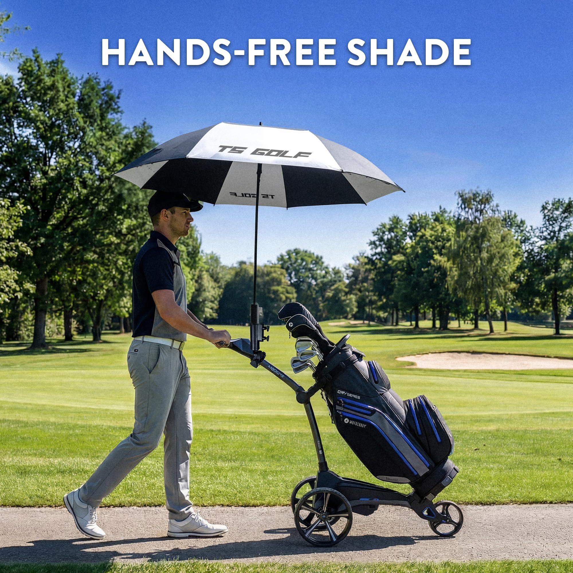 Motocaddy Powakaddy Universal-Golfschirmhalter, passend für alle Modelle, Zubehörstation auf Rahmen, Golfwagen-Regenschirmhalter, verstellbarer Ständer, Golftrolley