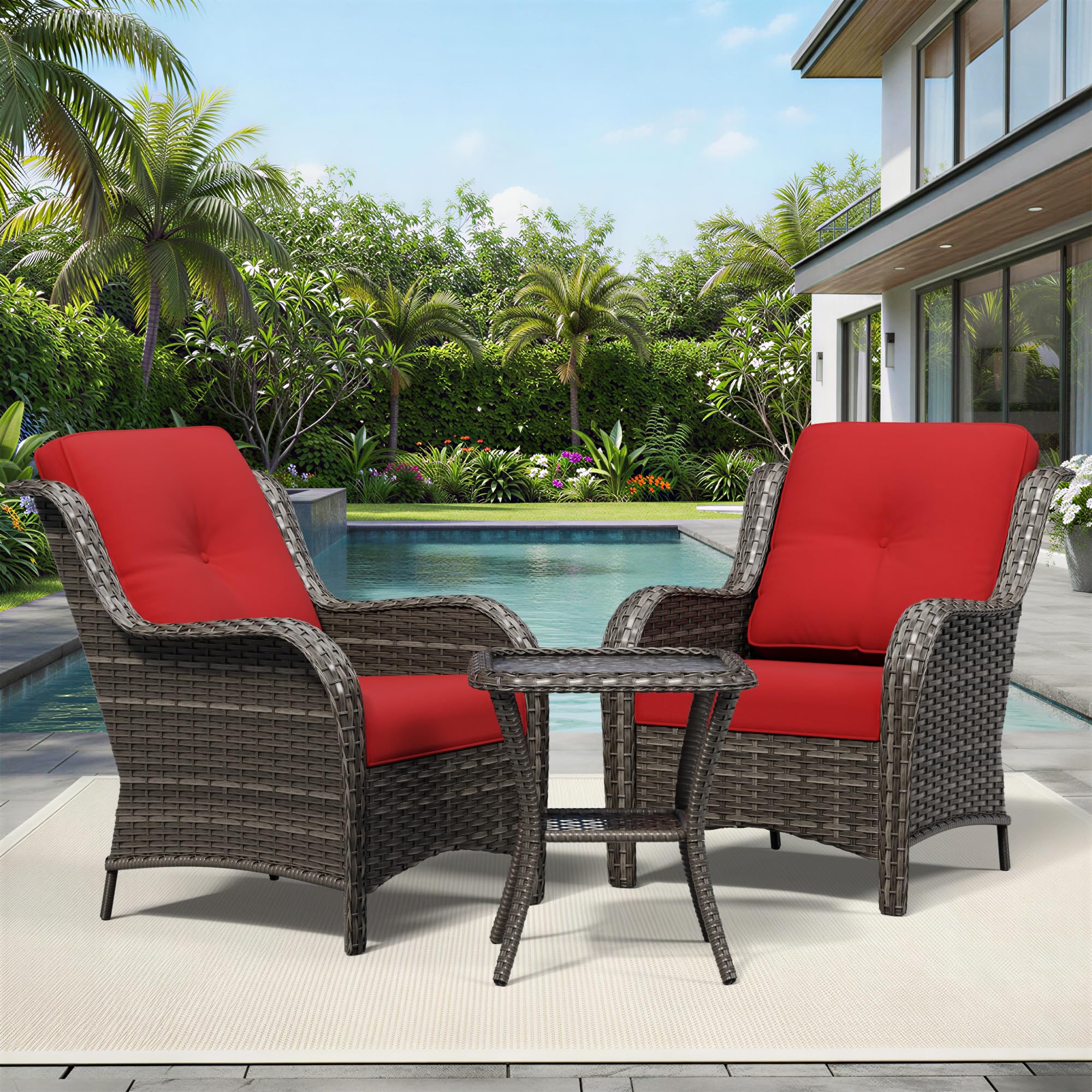 Joyside 3 Piece Wicker Patio Furniture Set, Rattan Patio Chairs with High Back, Deep Seating, Wide Armrest, Thickened Cushions, Outdoor Furniture for Deck, Porch Use