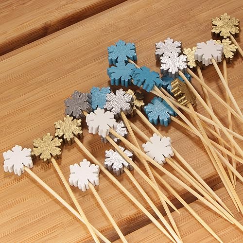 Miniatura 8 de BambooMN - Pinchos de bambú con copos de nieve para aperitivos y postres y cócteles - 3.9" (10 cm) - Azul, Blanco, Oro, Plata - 300 piezas