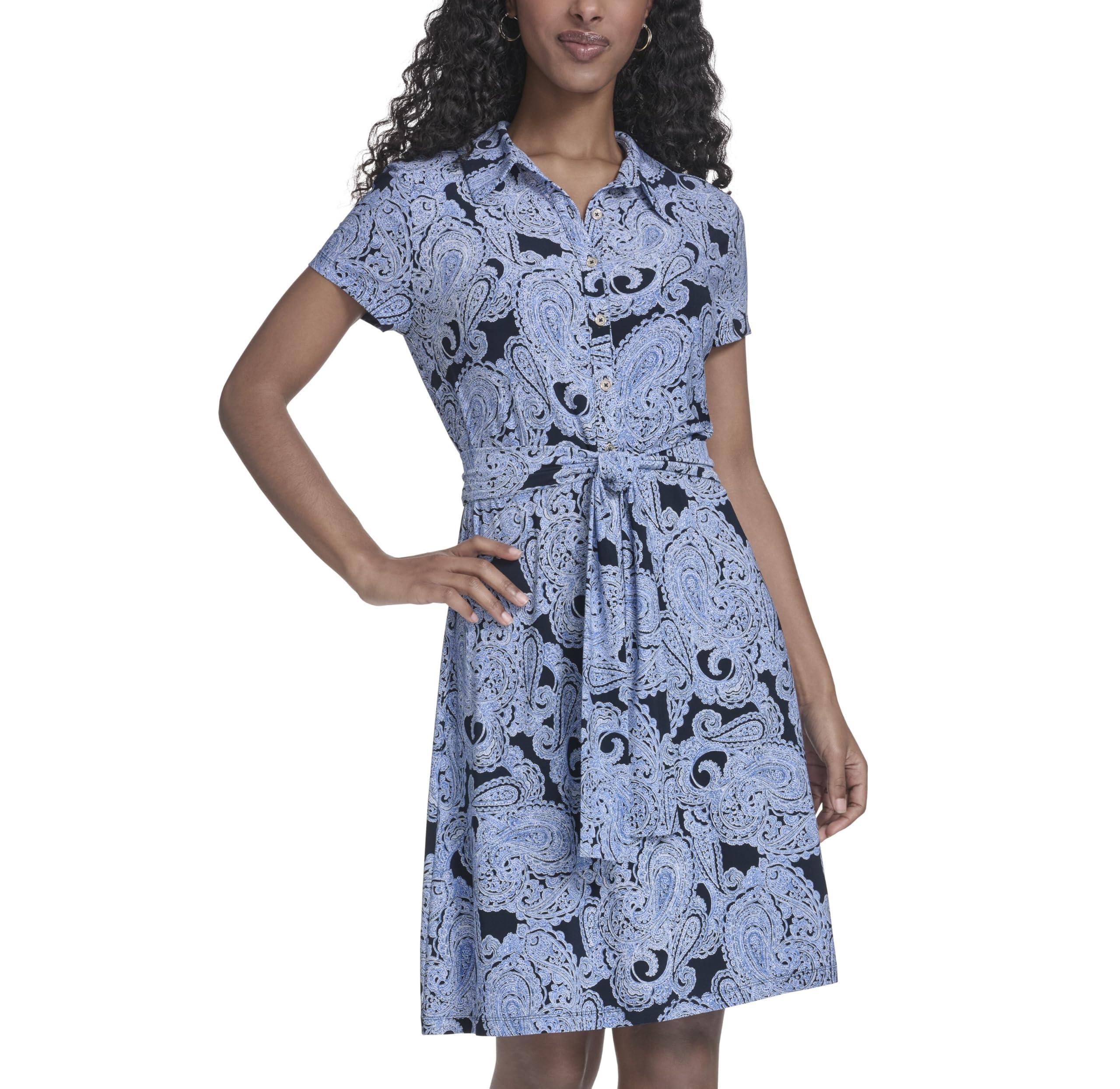 Tommy Hilfiger Women's Short Sleeve Collared Neck Jersey Shift Mini Dress 10 Sky Captain / Marina Blue