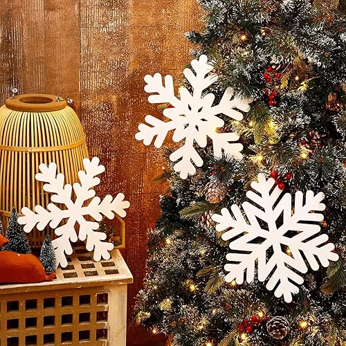 Miniatura 3 de Spiareal 3 piezas de copos de nieve de madera de Navidad para pared, copos de nieve blancos grandes de 12 pulgadas, adornos de copos de nieve de