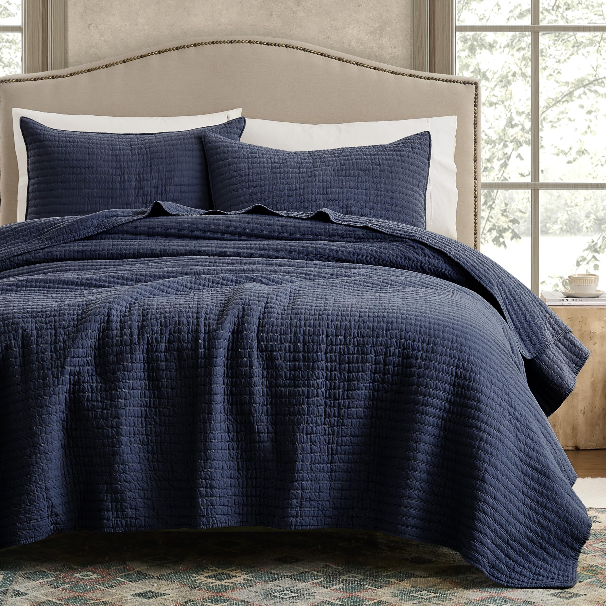 wdcozy 100% cotton twin size quilt set - navy blue striped pick stitch soft lightweight bedspread, textured like linen, farmhouse country rustic coverlet, shabby chic gauze bedding, 2 pieces