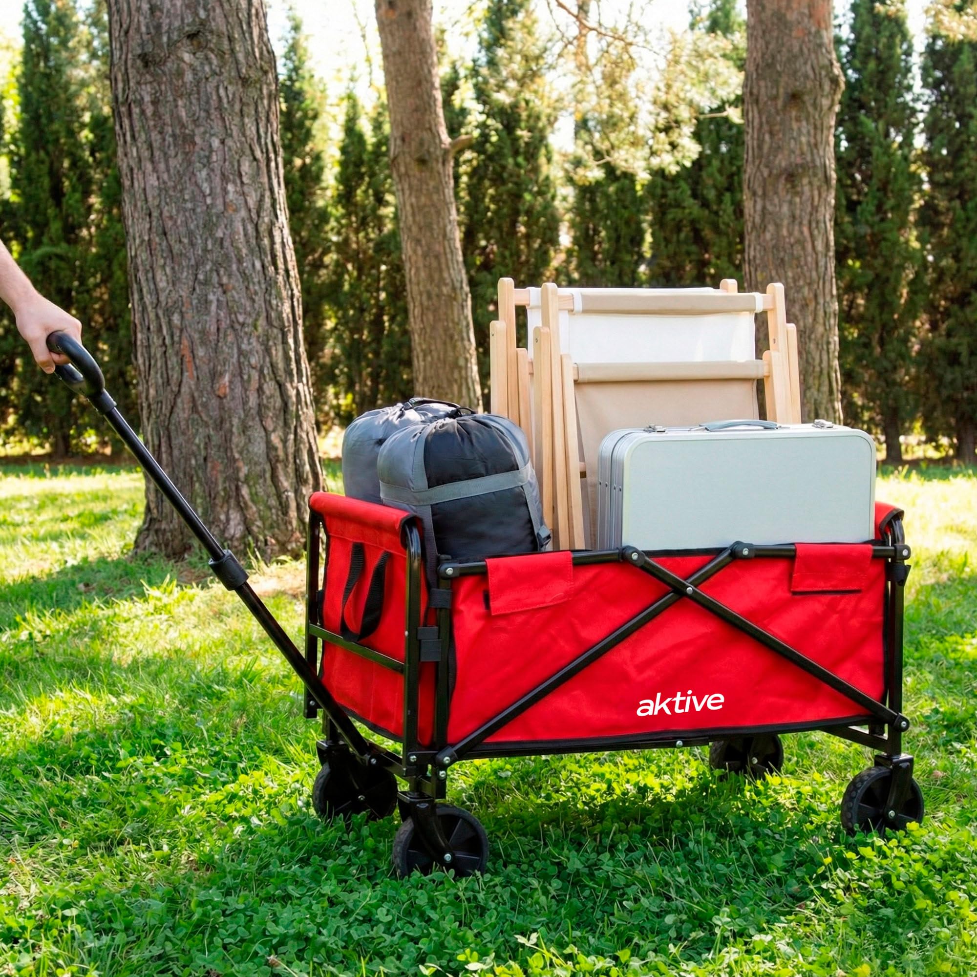 AKTIVE Carro Playa Ligero, Rojo, 73x44x93 cm, Plegado acordeón, Asa Ajustable, Carga soportada 80 kg, Estructura de Acero, Carrito Transporte con Ruedas, Carros auxiliares (62503)