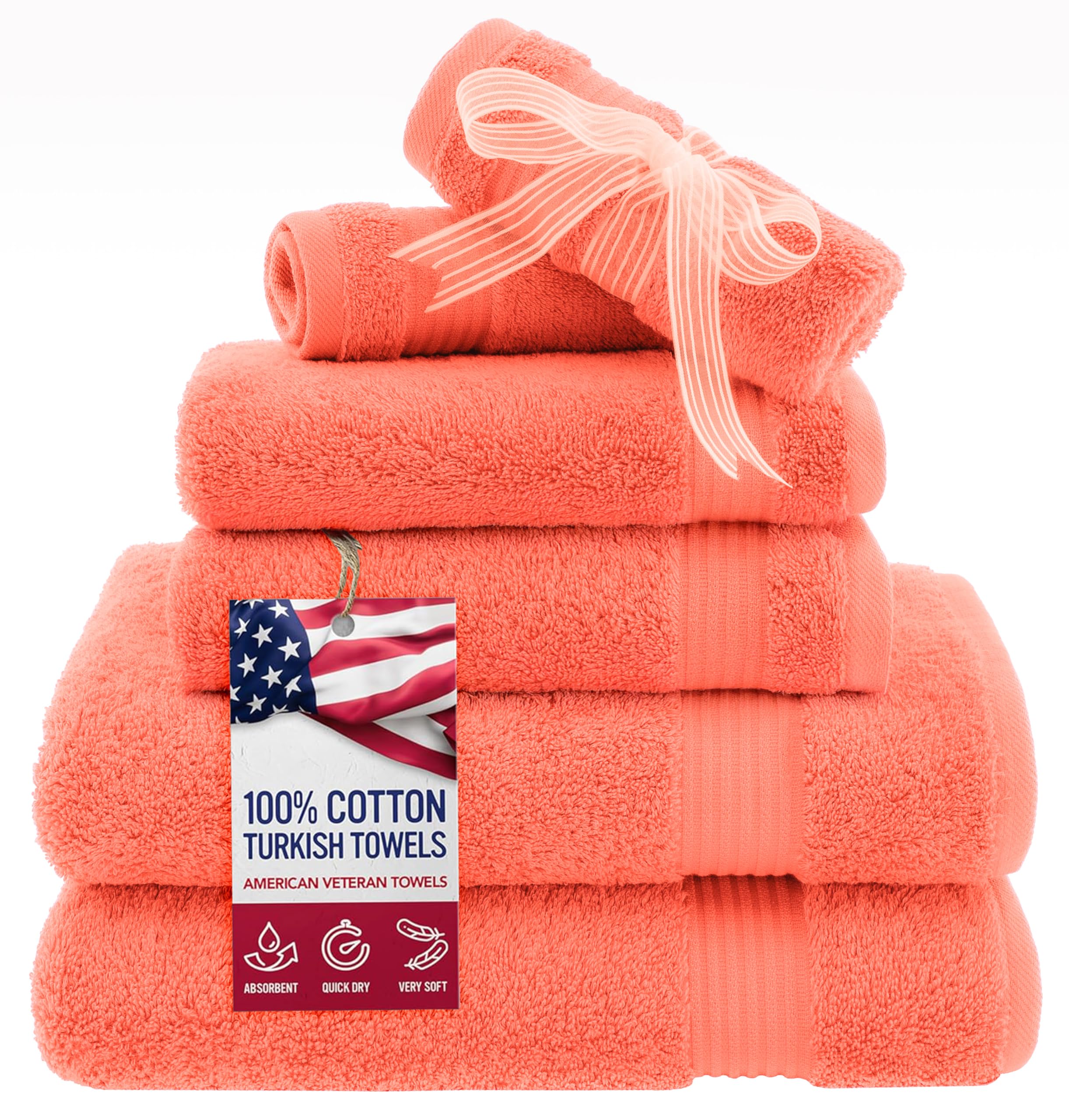 American Veteran Towel, 6 Piece Towel Set for Bathroom, 100% Cotton Turkish Bathroom Towels, 2 Bath Towels 2 Hand Towels 2 Washcloths, Coral