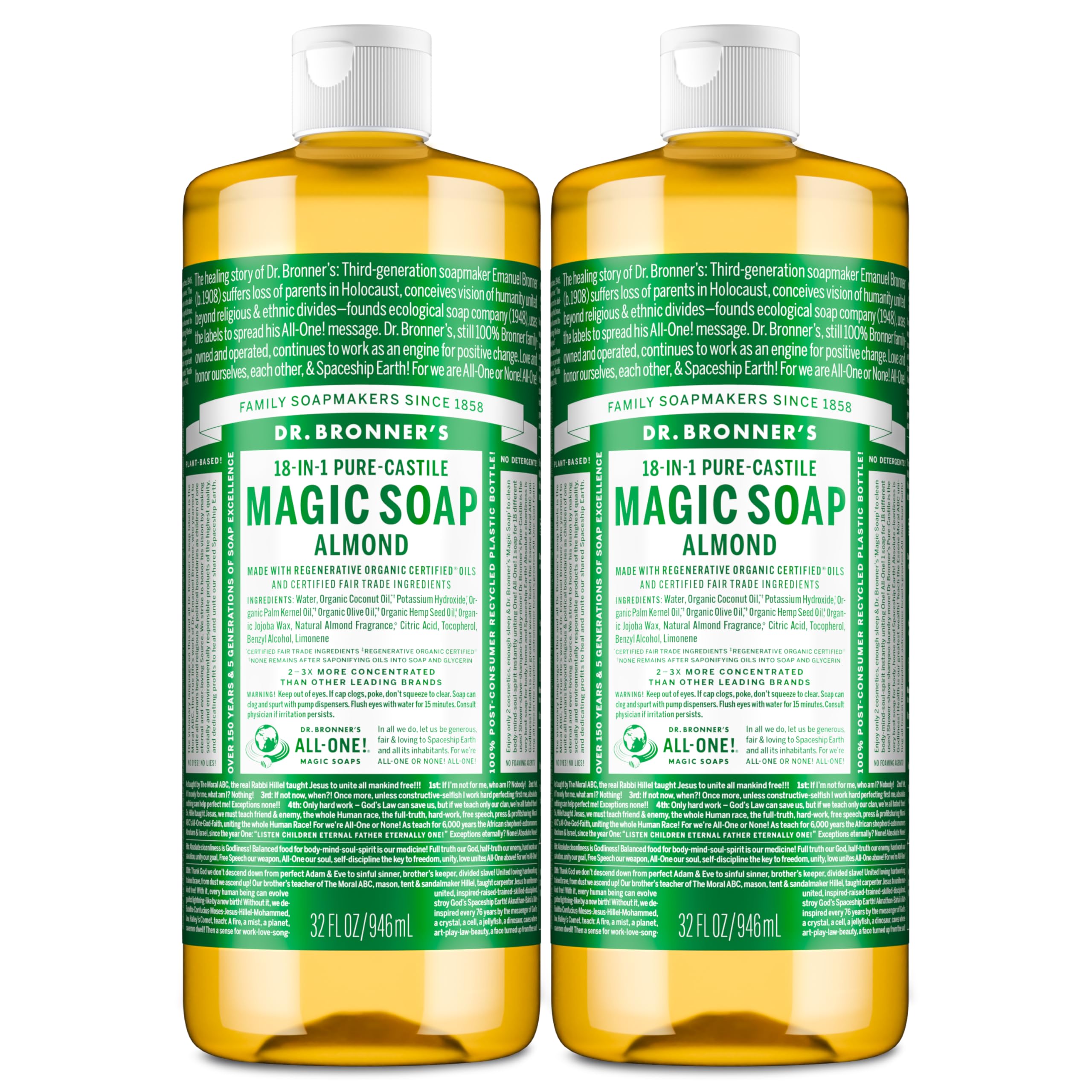 Dr. Bronner's Pure-Castile Magic Liquid Soap (Almond, 32 Ounce, 2-Pack)- Made with Regenerative Organic Certified Oils, 18-in1 Uses: Face, Hair, Hand & Body Soap, Laundry, Pets- Concentrated, Vegan