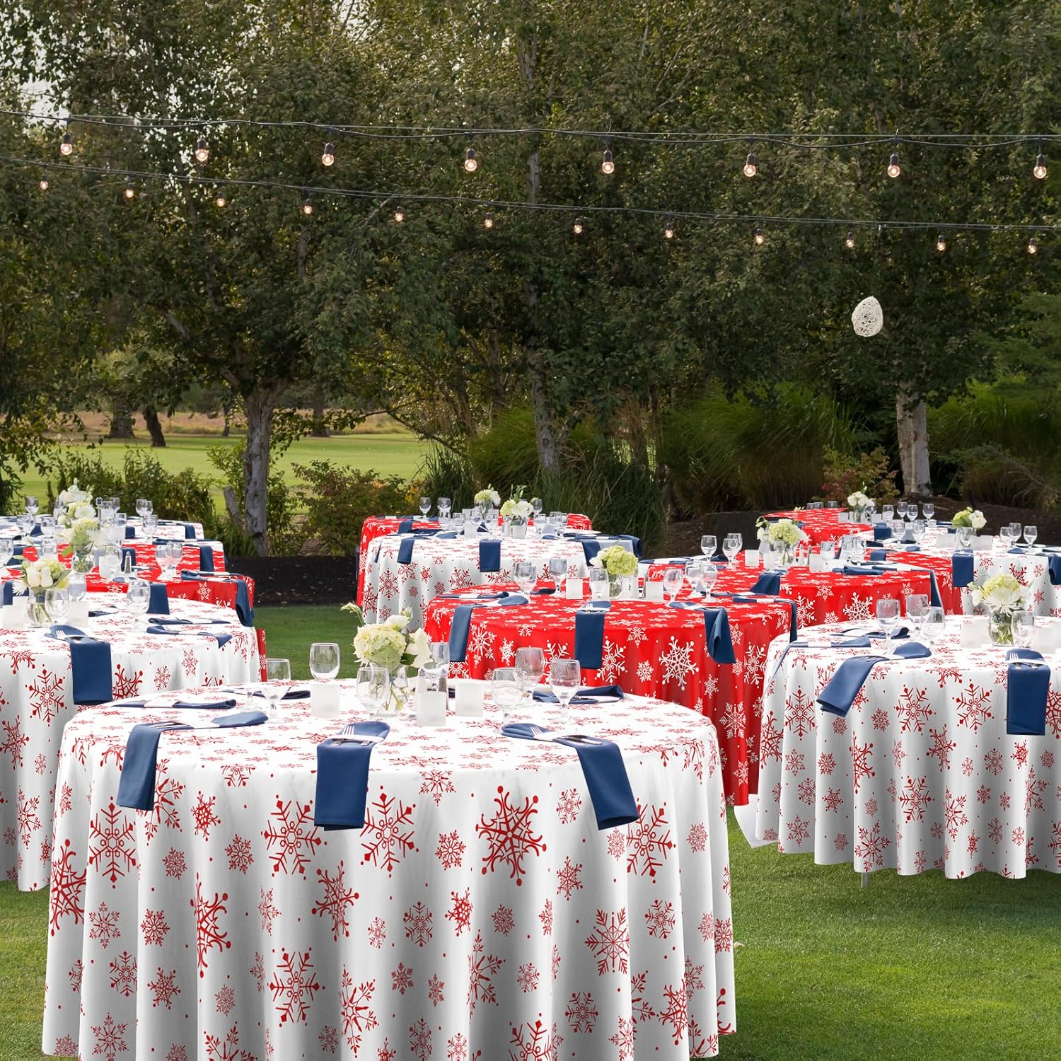 Jectivs 12 Pieces Christmas Snowflake Plastic Party Tablecloth Decorations,84 inch Disposable White Red Round Snowflake Xmas Table Cover Backdrop for Winter Christmas Holiday New Year Party Supplies