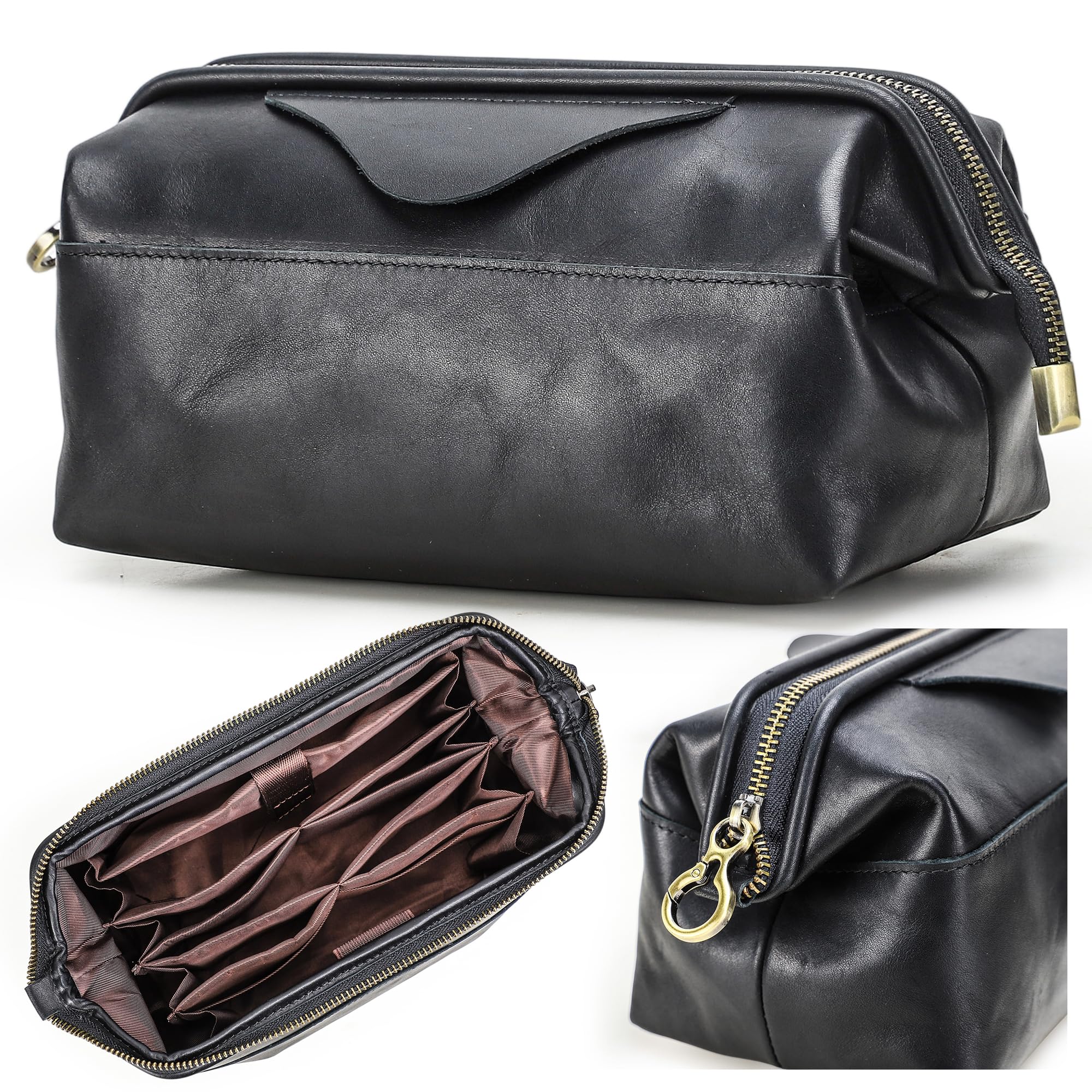 CONTACT'S FAMILY Sac électronique en cuir, étui de rangement de câble de voyage vintage pour accessoires numériques, pochette en cuir véritable, Noir , Organiseur de sac