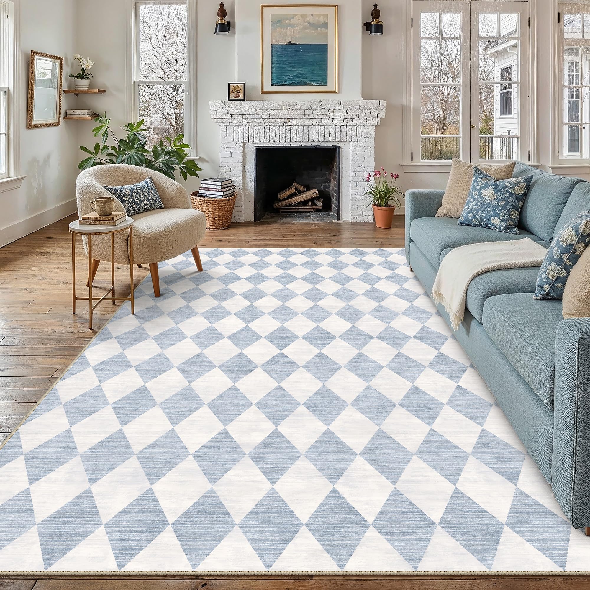 PureCozy Teppich 200x300cm Blau Waschbar Moderne Kariert
