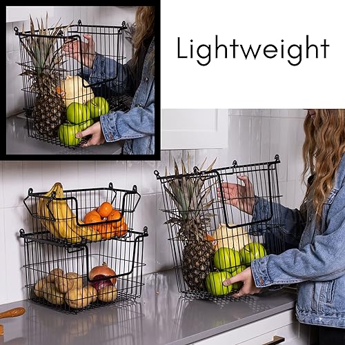 Miniatura 8 de BIRDROCK HOME Contenedores apilables de almacenamiento de alambre de 3 piezas, organizador de frutas y verduras, casa de campo moderna, armario de