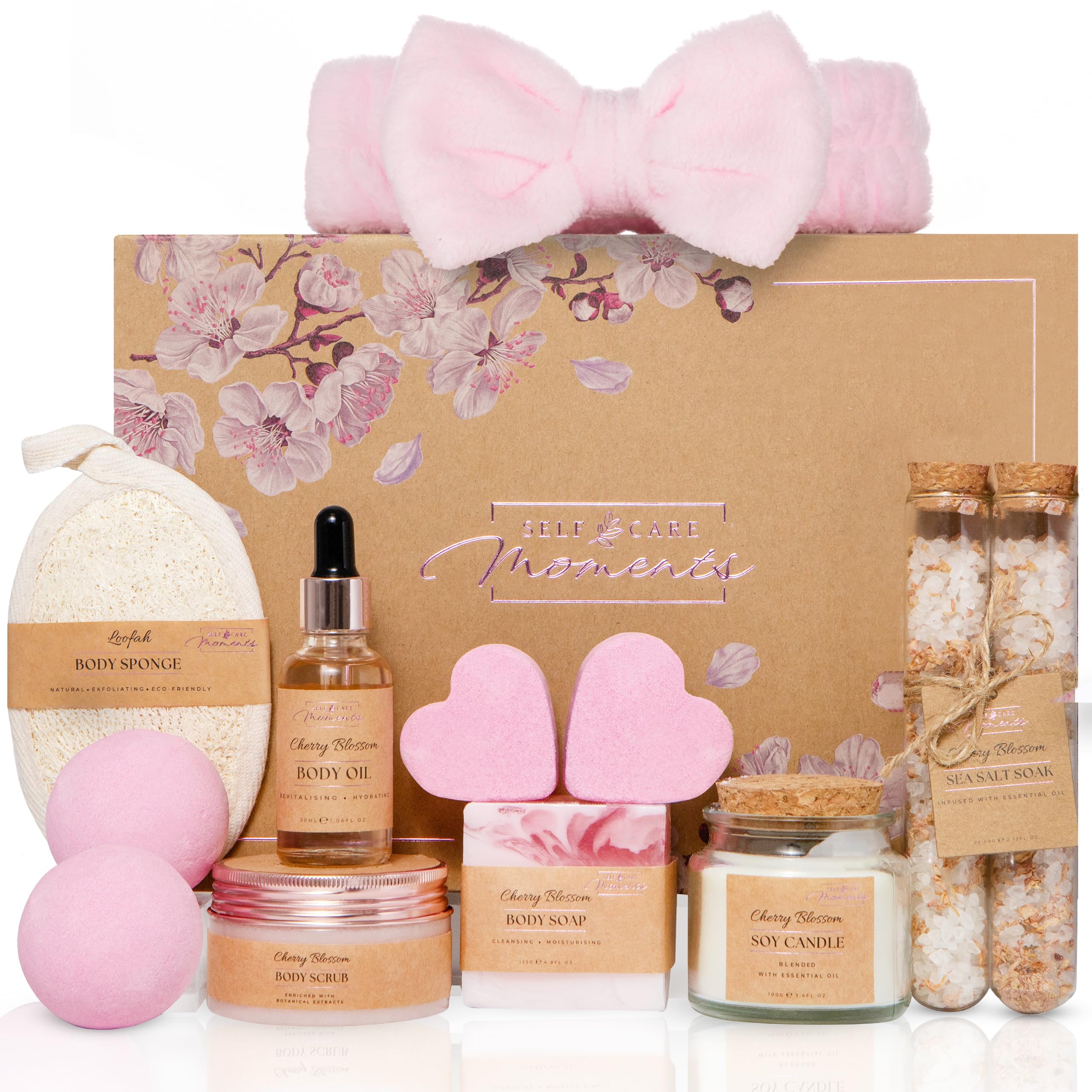 Birthday Gifts for Women with Cherry Blossom - 12 Piece Luxury Spa Gift Set for Her - Relaxation Pamper Hamper Bath Sets - Christmas Pamper Gifts for Women