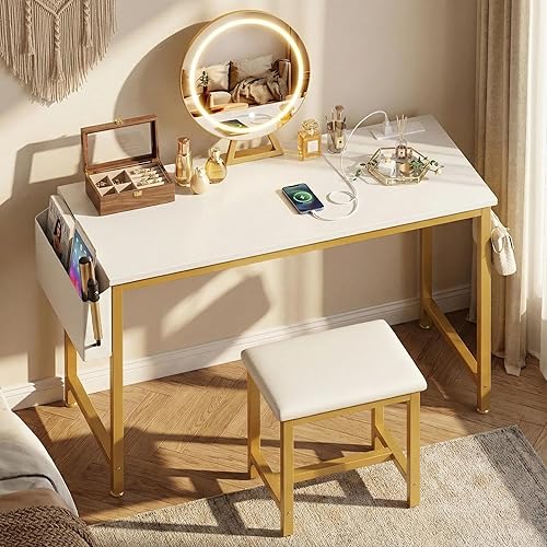 Miniatura 10 de Pequeño escritorio de maquillaje con luces, juego de tocador blanco para niñas con espejo y silla, tocador de maquillaje con cajones y toma de