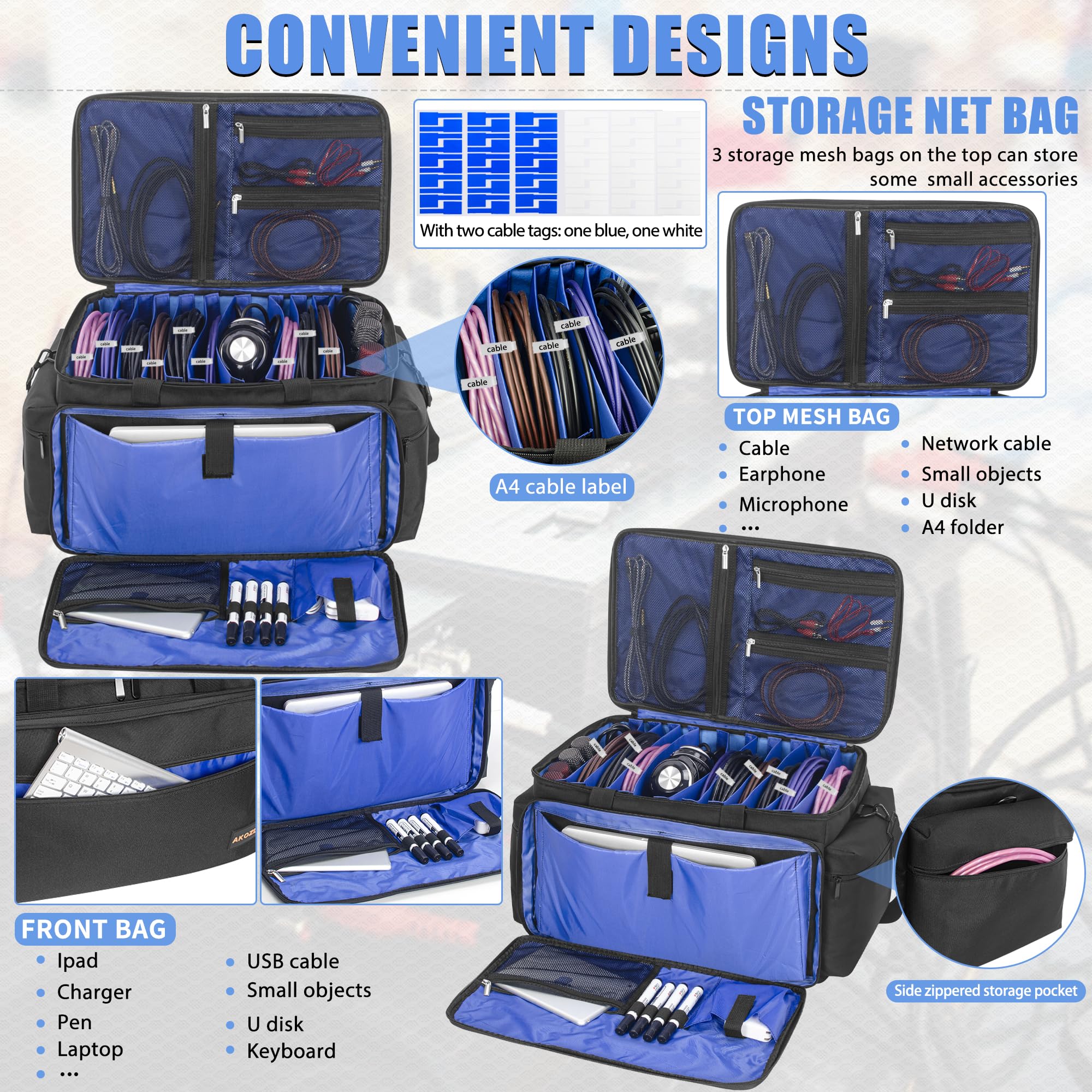 AKOZLIN Borsa per file per cavi con divisori staccabili DJ Gig Bag organizer per laptop, attrezzatura da DJ, accessori per apparecchiature musicali