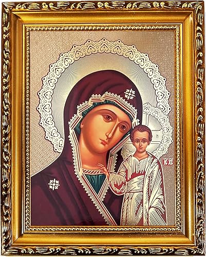 Virgen María y Cristo Virgen de Kazán, icono ortodoxo, 9 1/2 pulgadas, icono de lámina de oro, regalo religioso para mujer, hombre, con soporte y
