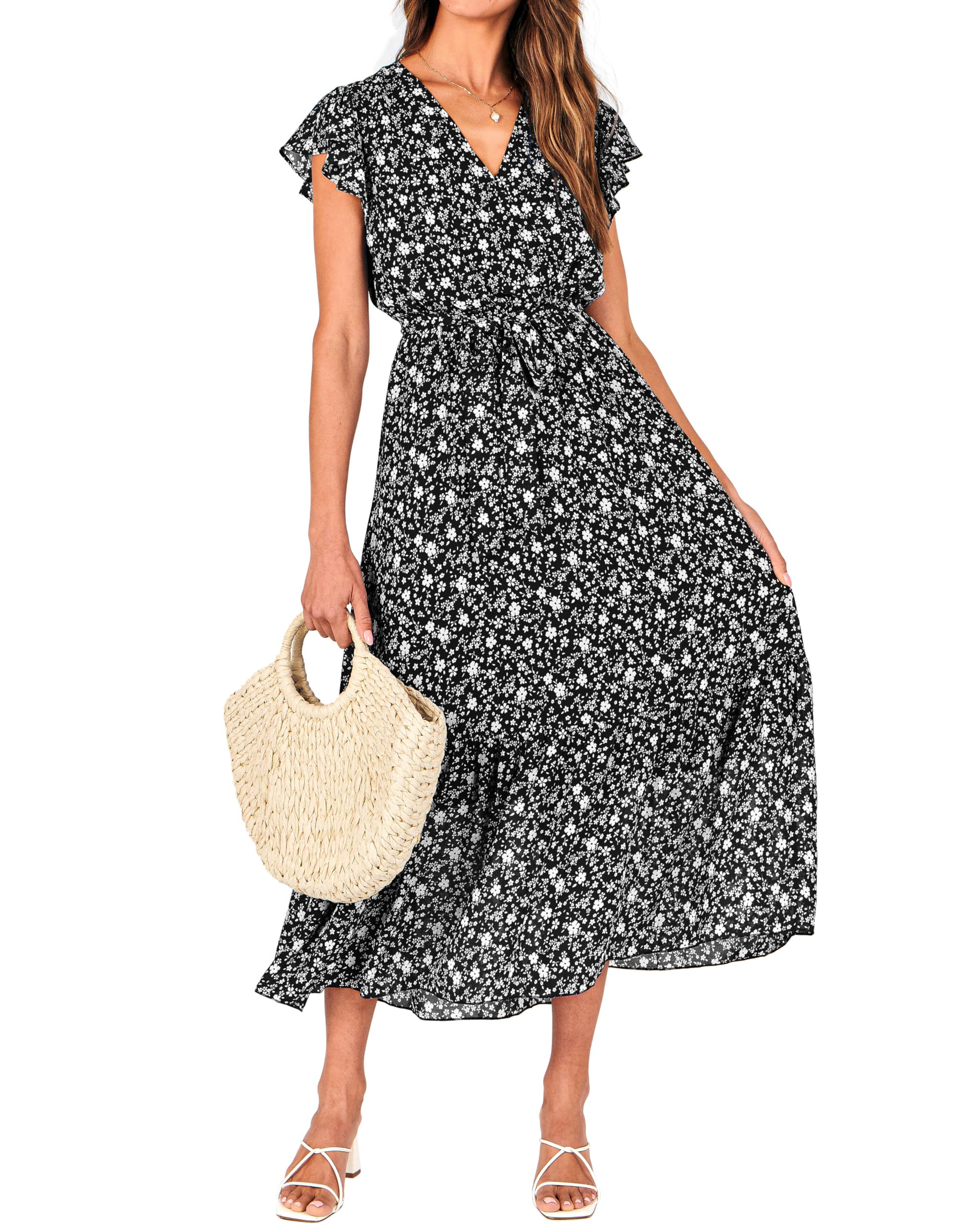 BTFBM Women Summer Bohemian Floral Casual Wrap V Neck Ruffle Cap Sleeveless Belt A-Line Pleated Hem Midi Sun Dress White