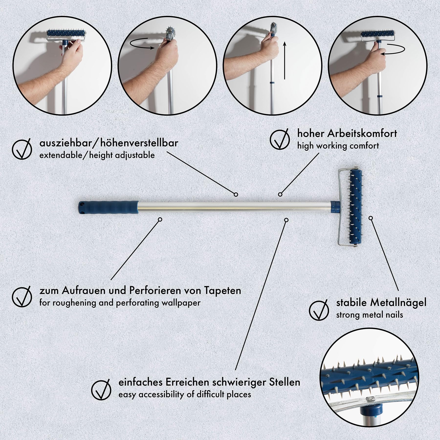 A.S. Création Rouleau hérisson Rouleau à médiators Rouleau à ongles pour percer du papier peint, extensible, réglable en hauteur, bleu, argent, 909012