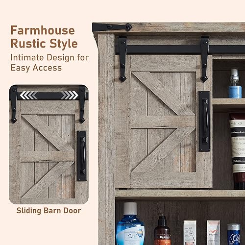 Miniatura 4 de OKD Gabinete de pared de baño, botiquín de granja con puerta corrediza de granero y estantes ajustables, armario de almacenamiento montado en la