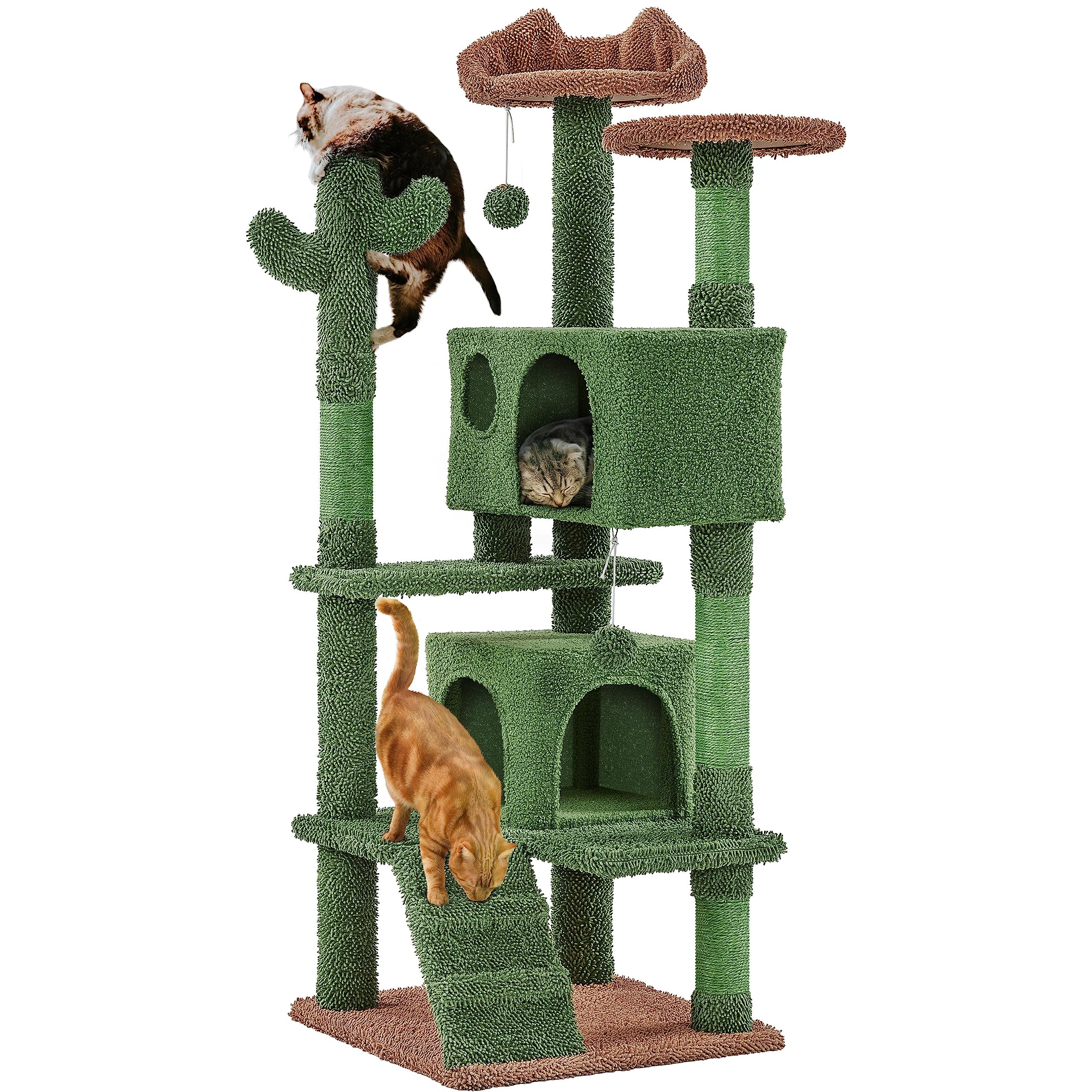 Yaheetech 138 cm Kratzbaum Kaktus Katzenbaum mit Katzenleiter & 2 Höhlen | Kaktusform | Mopp- & Teddy-Plüsch | FSC-zertifizierte Spanplatten | mit Kippsicherung | mit 4 Kratzsäulen & 2 Plattformen