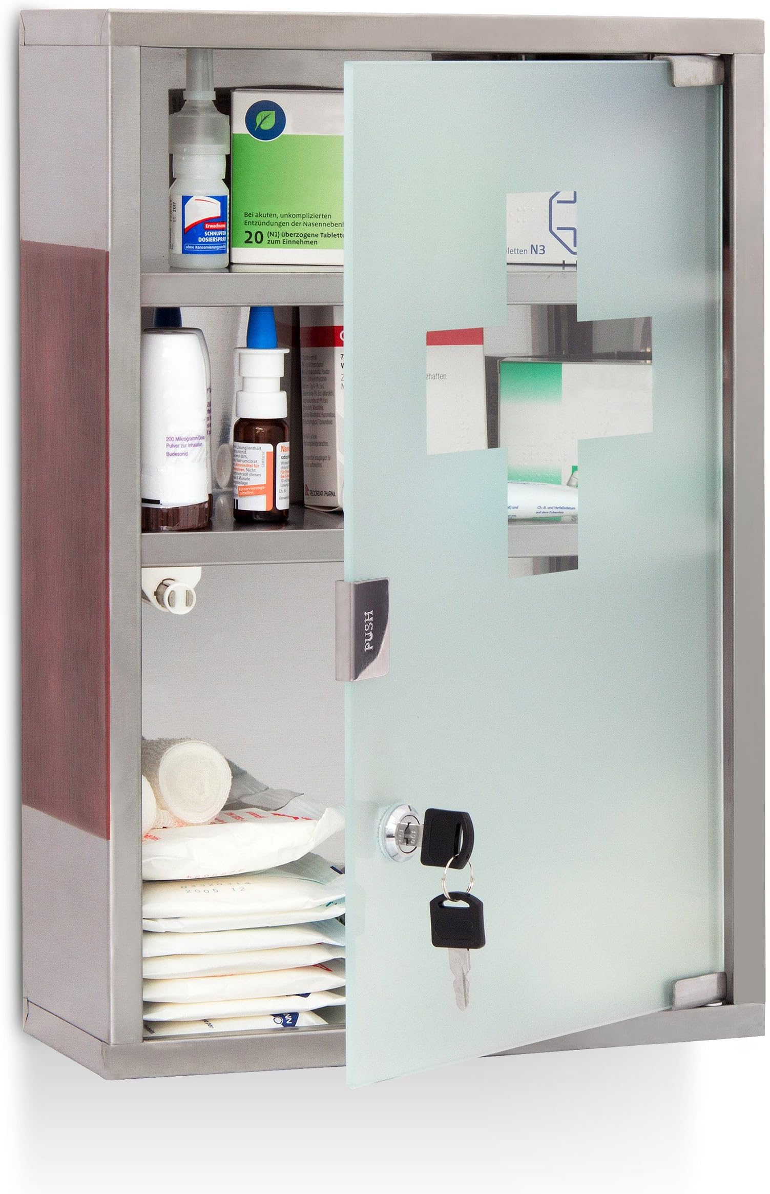Relaxdays EMERGENCY XL Medicine Cabinet, Stainless Steel & Wood, Wide, Size: 45 x 30 x 12 cm, 3 Shelves, Lockable, w/ 2 Keys, Silver/Brown