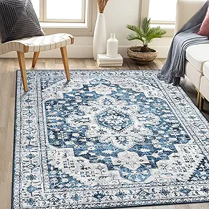Moynesa Ultra-Thin Vintage 8x10 Area Rugs - Blue Bedroom Rugs for Living Room Non-Slip Stain Resistant, Printed Oriental Playroom Mat Indoor Floor Carpet for Dining Table Office Decor