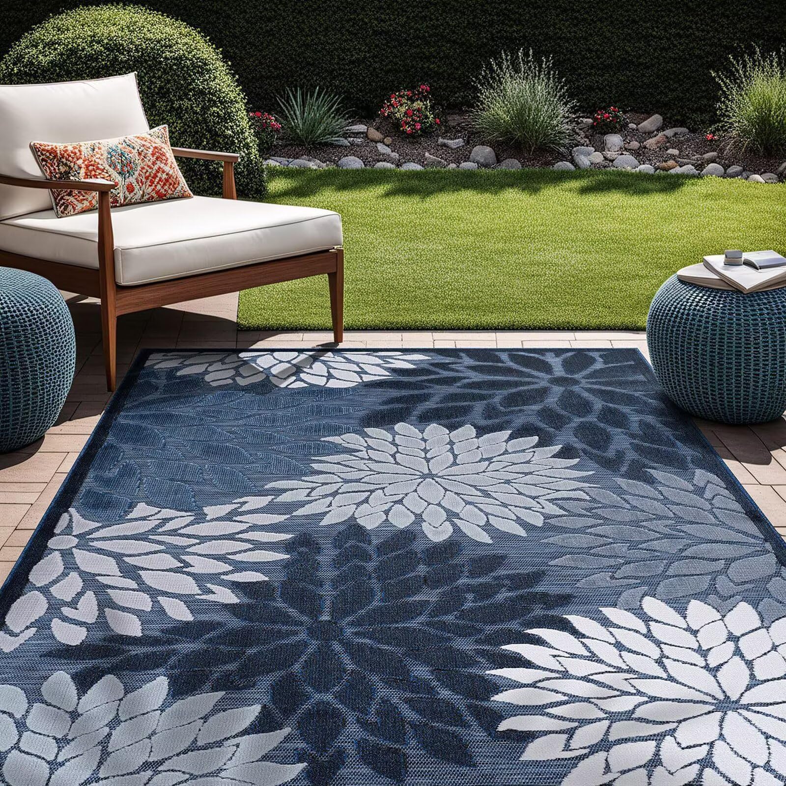 ZIBENE Outdoor Rug Patio Waterproof Tropical, Colorful Patio Mats Indoor/Outdoor Carpet Washable Easy to Clean, Protable Outside Carpet Floral Pattern for Deck with Rubber Back
