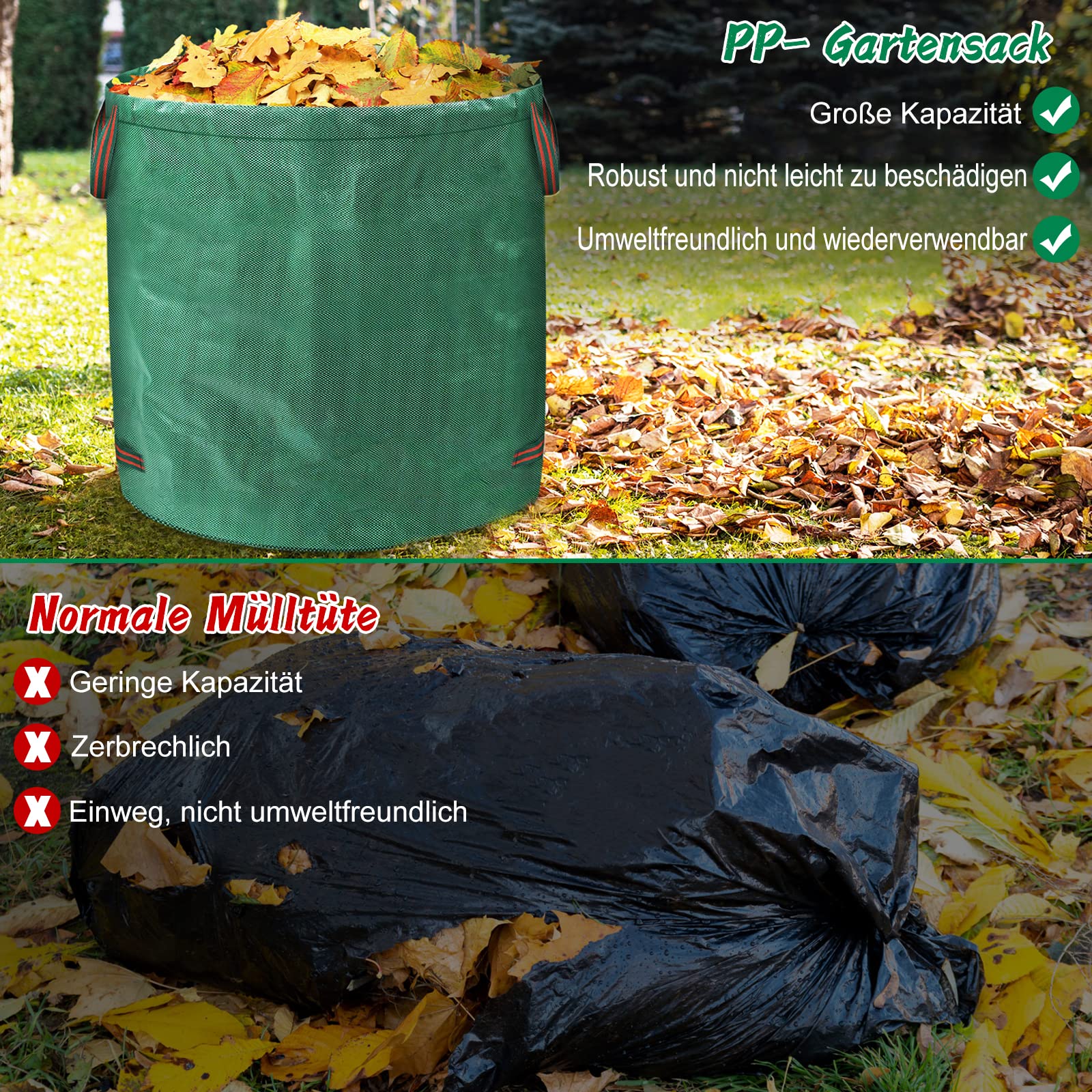 UISEBRT 2 sacchi per rifiuti da giardino con manici, 272 l, sacchi per foglie da giardino, doppio fondo, pieghevoli, resistenti, impermeabili e autoportanti, per rifiuti da giardino, fogliame, verde