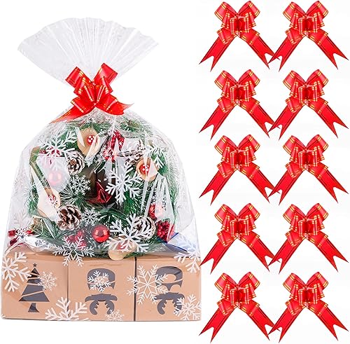 Kolewo4ever 20 piezas Bolsas de Celofán de Copo de Nieve Navideño Juego con Lazos de Tirar, 10 piezas Bolsas de Cesta Navideña Botellas de Vino