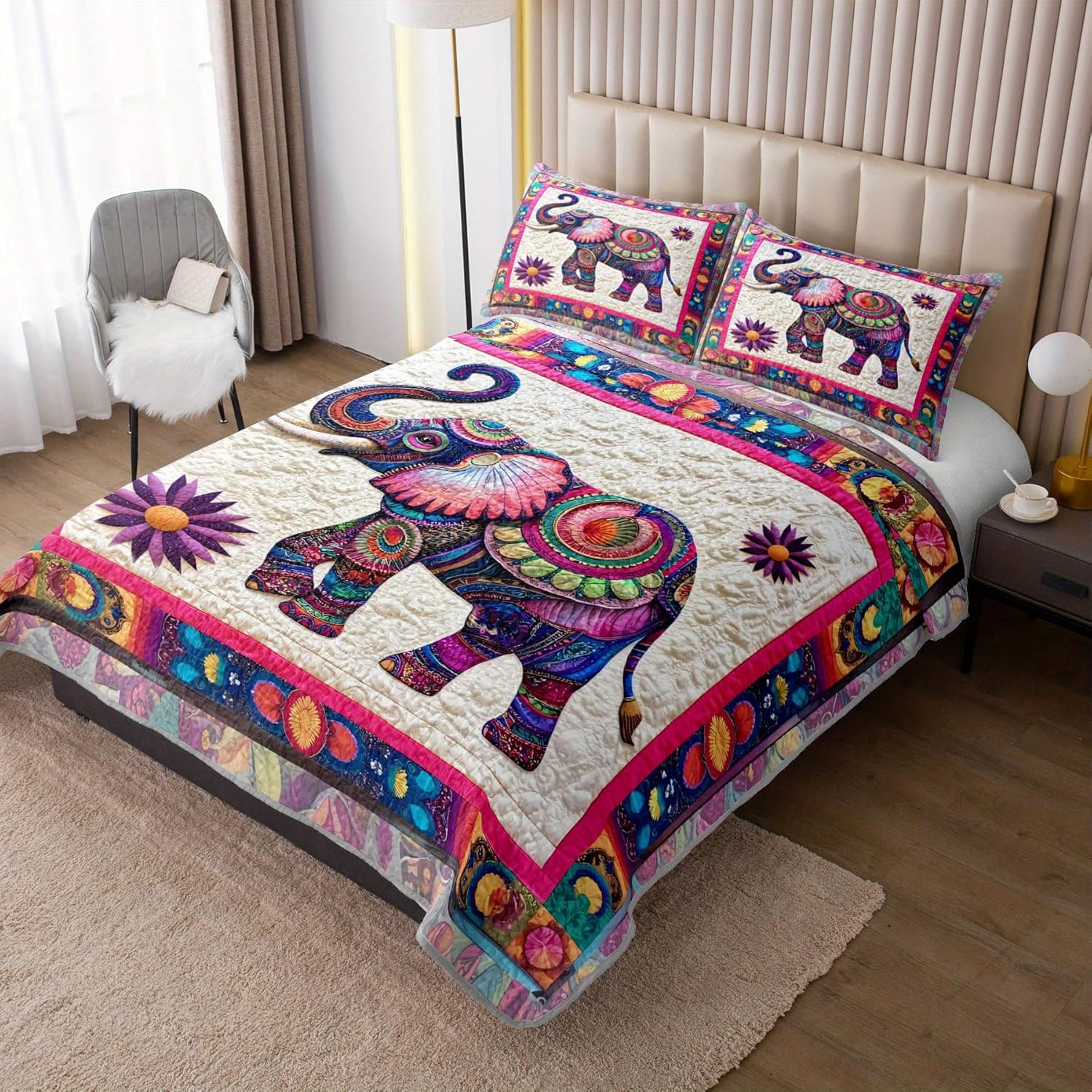 Mandala Elephant Quilt Bedding Set Queen Size for Kid Teen Room Decor,Bohemian Vintage Bedspread Sets Bedding Queen Size,Bohemian Elephant Bed Cover for Boys and Girls Bedroom Decor - Image 2