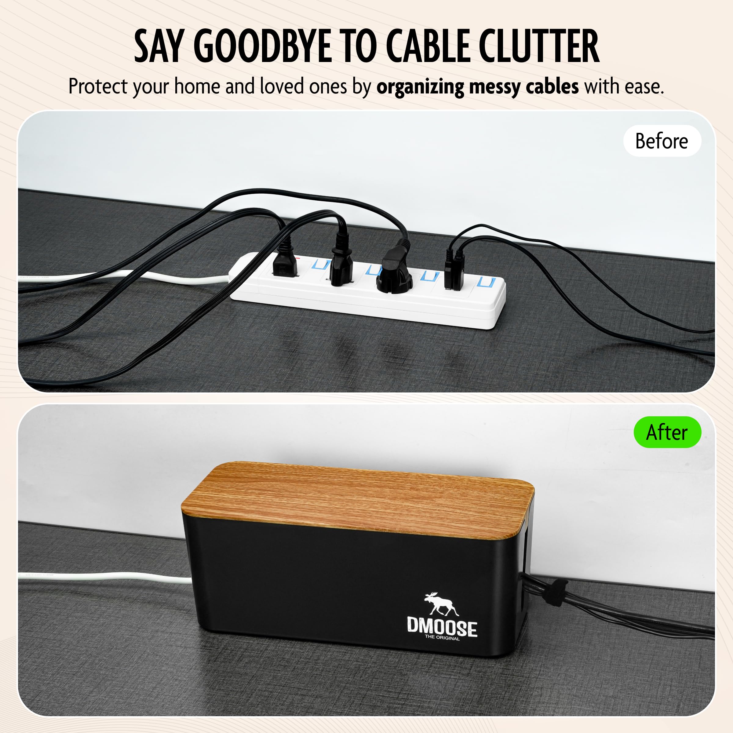 DMoose - Kabelmanagement-Box – Kabel-Hängetasche und Steckdosenleiste, geräumiger, langlebiger und stilvoller Kabel-Concealer und Aufbewahrungsbox für ordentlichen Arbeitsplatz