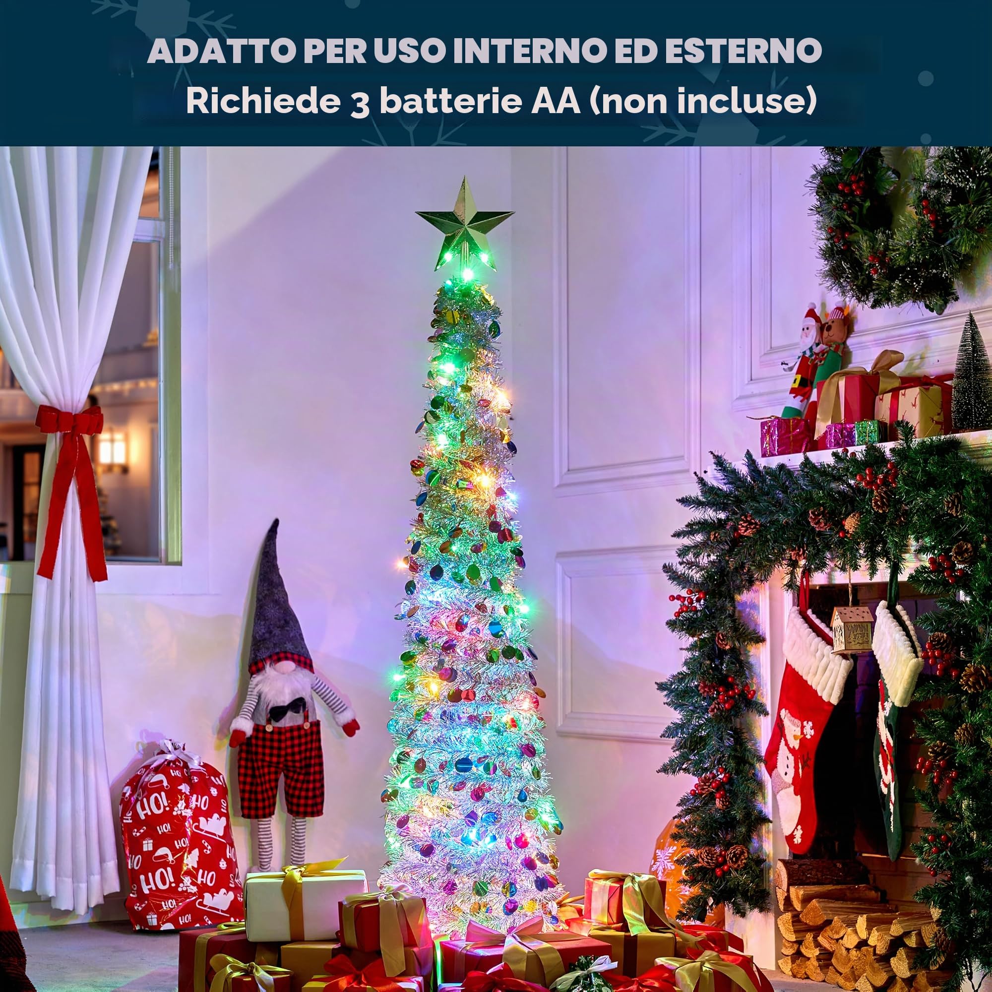 JOIEDOMI Albero di Natale a matita pop-up da 1,5 m con lustrini, luci e stella, decorazioni natalizie pieghevoli con timer per decorazioni natalizie da interno per casa e ufficio