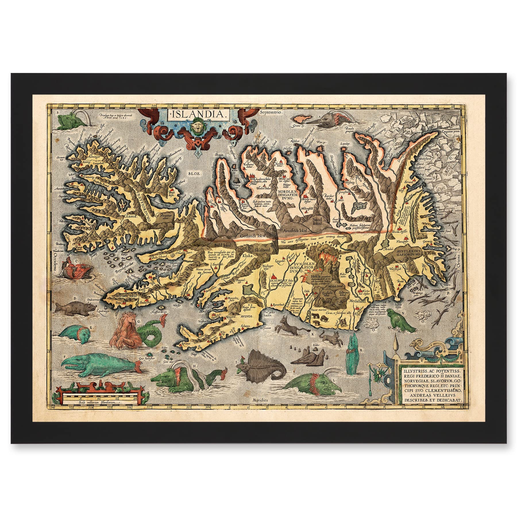 Artery8 Map Ortelius 1585 Iceland Islandia Sea Monsters Pictorial Fantasy Artwork Framed Wall Art Print A4