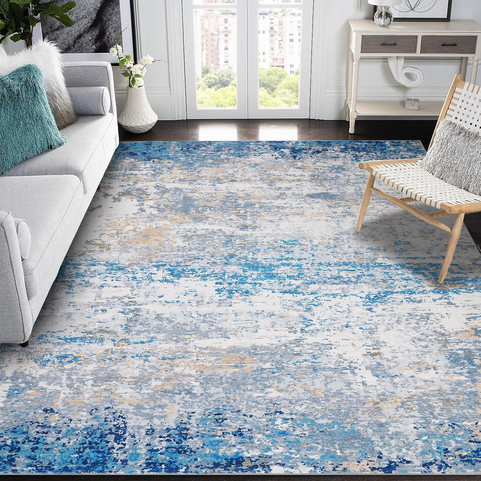 9x12 Modern Abstract Accent Rug Non Slip Stain Resistant Throw Rug Low Pile Machine Washable Indoor Floor Cover for Bedroom Living Room Office Home Decor, Blue/Grey