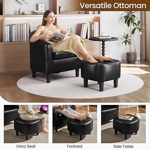 Miniatura 5 de Yaheetech Silla decorativa con reposapiés otomano, piel sintética, moderna tapizada de mediados de siglo, silla de barril suave, cómodo juego de